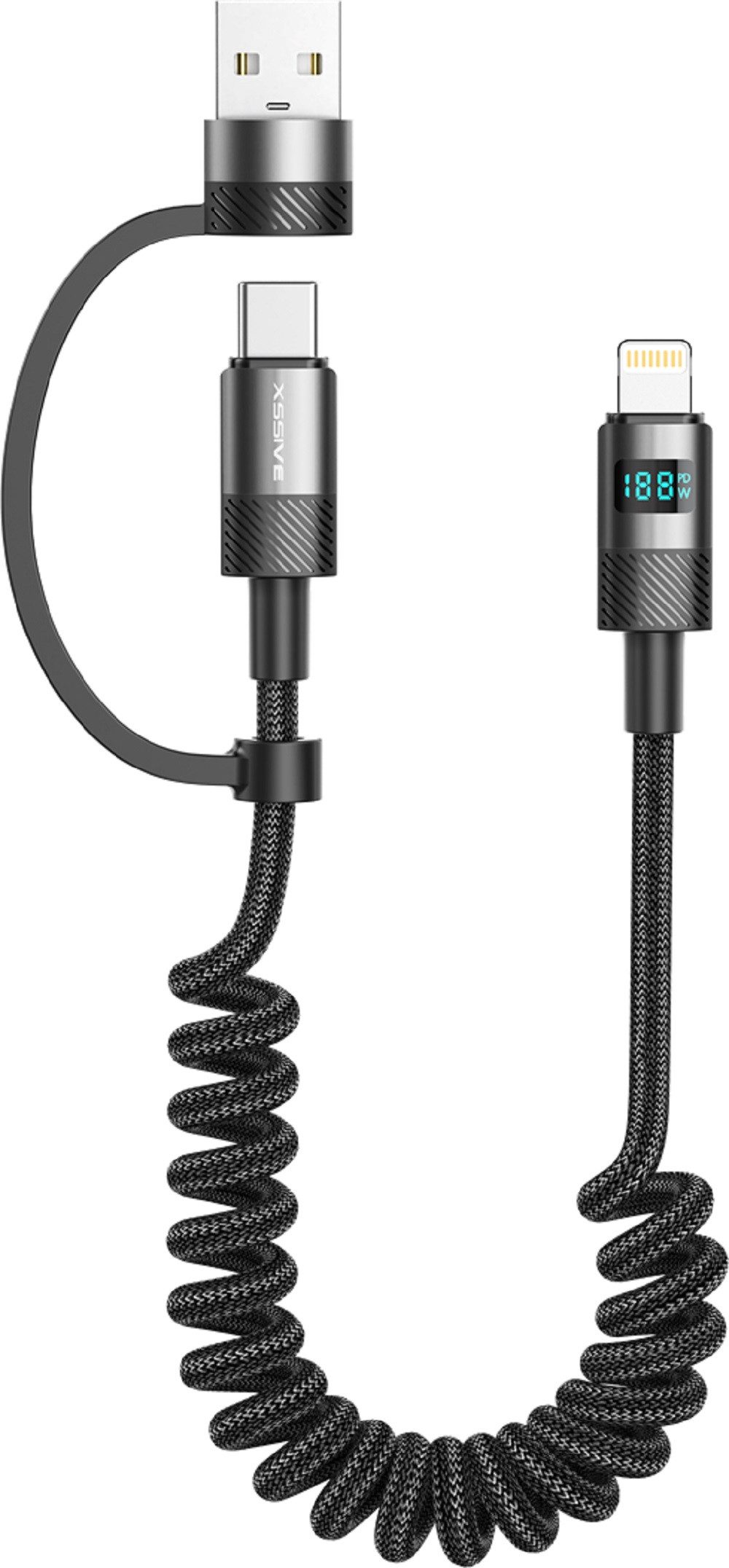 Xssive Xssive 2in1 dehnbares 1,5m Ladekabel Lightning zu USB-C und USB-A USB-Kabel
