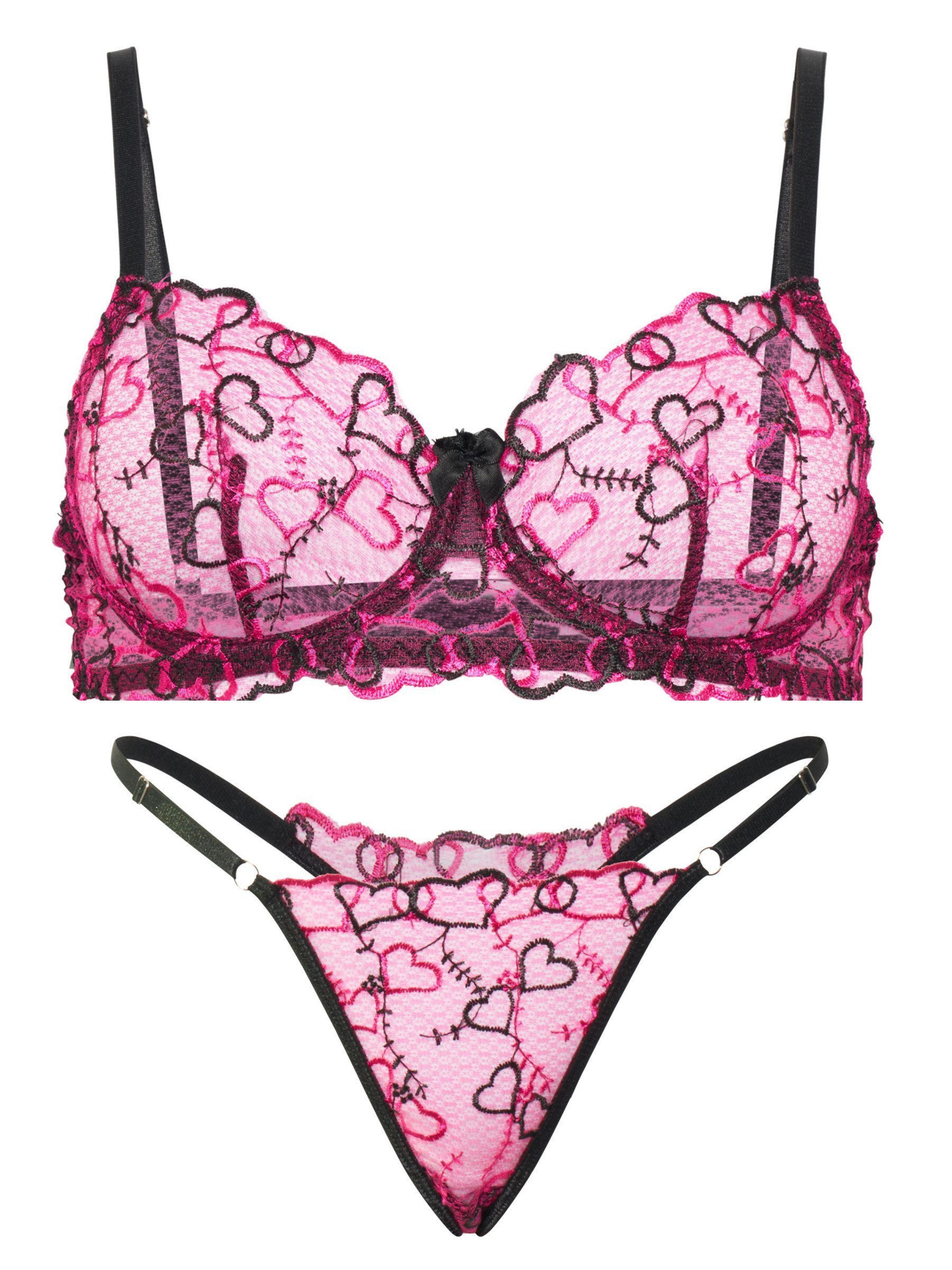 Elegant Love Set: Bügel-BH Dessous-Set - Lingerie-Set mit Tanga (Set, 2-tlg., mit String) Damenunterwäsche, Herzmuster BH-Set aus feiner Spitze - Reizwäsche – Bild 2 von 5