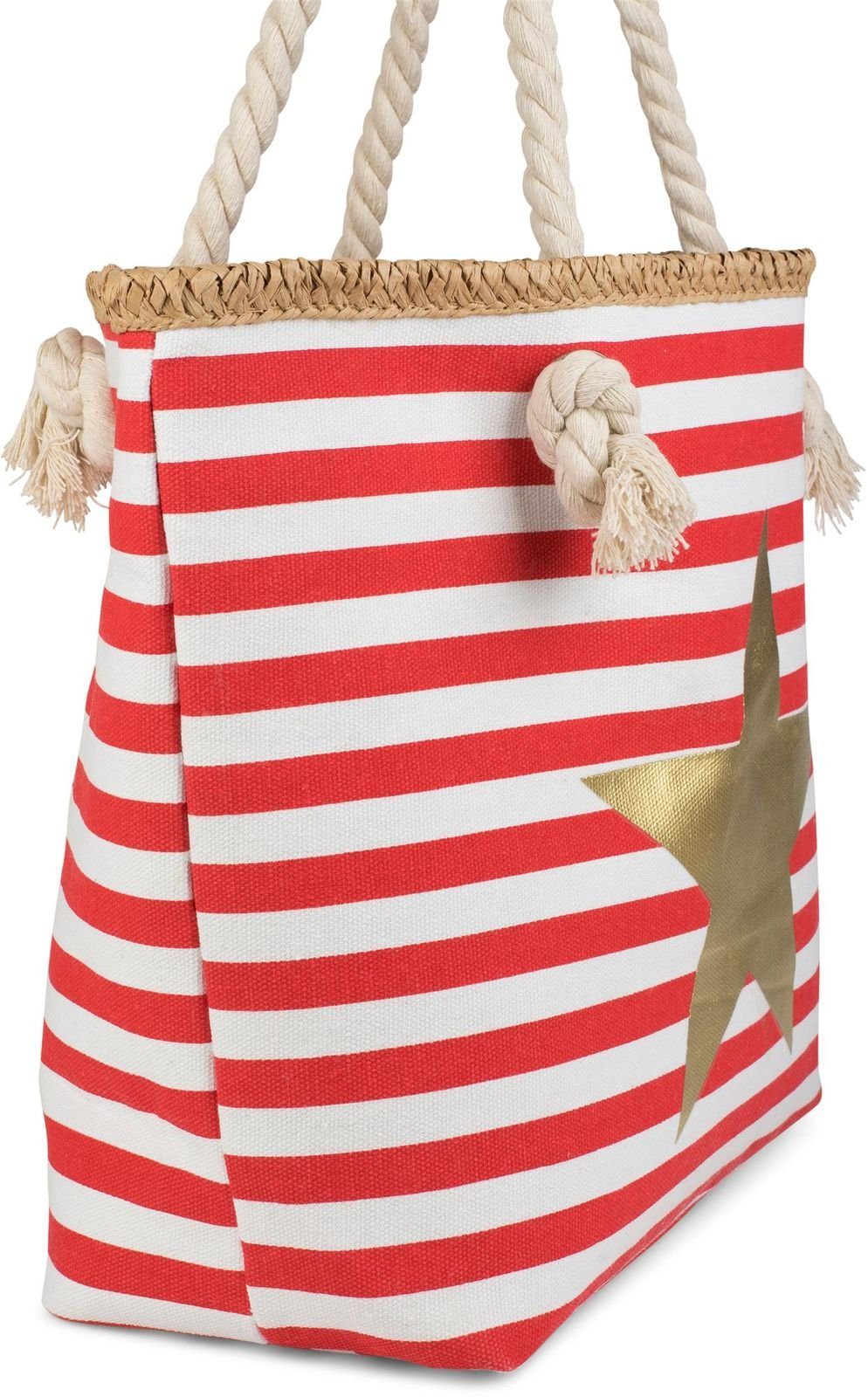styleBREAKER Strandtasche (1-tlg), und Stern mit Rot-Weiß breiten / Strandtasche Streifen Gold