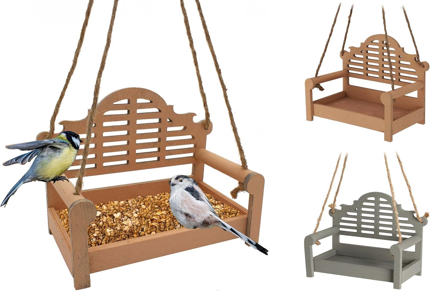 mucHome Futterstation Bank aus Holz, Hängende Futterstation Vogelfutterspender Futterschale