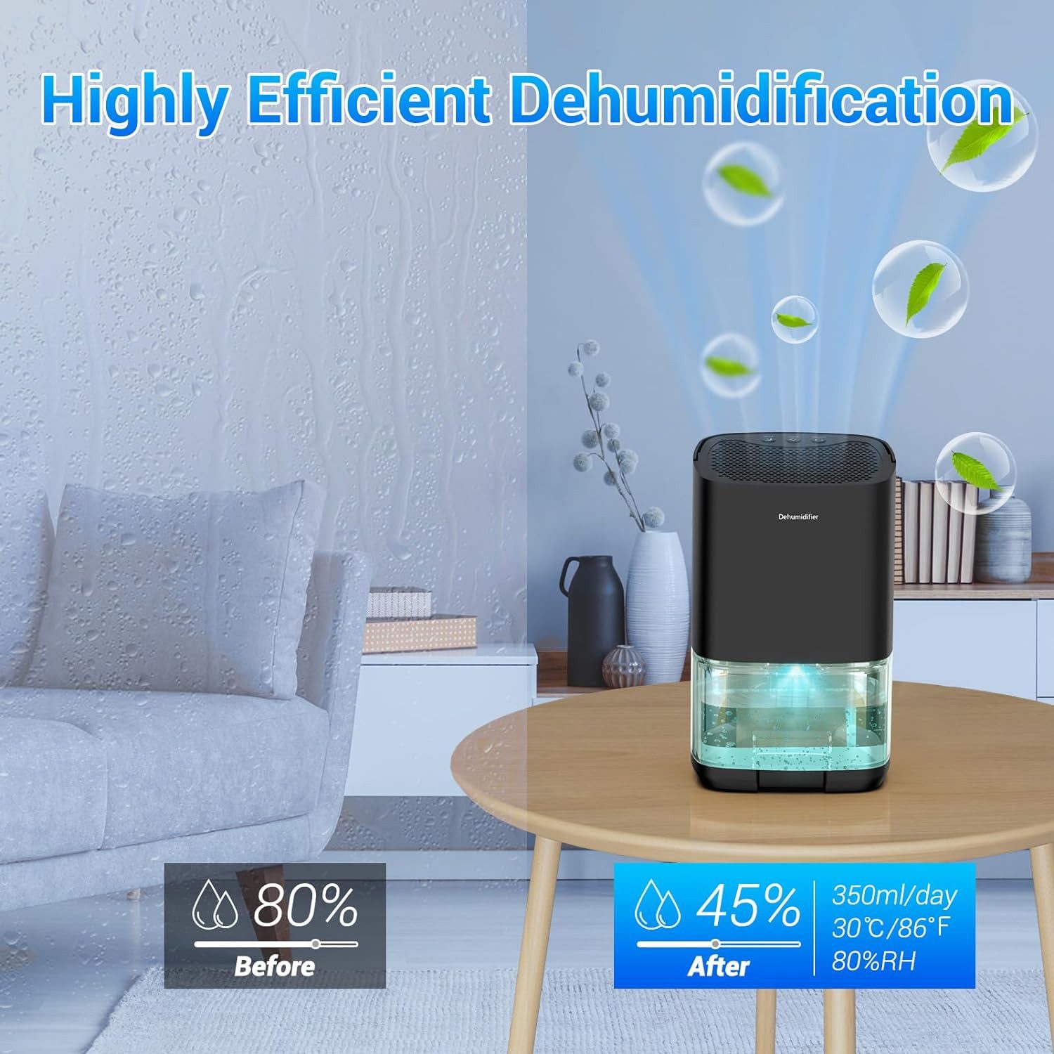 ibettertec Luftentfeuchter Elektrischer Raumentfeuchter Klein 0,35 l/Tag, Tank 1 l, Mit LCD-Display, Leises Design, für 26 m³ Räume Entfeuchtung