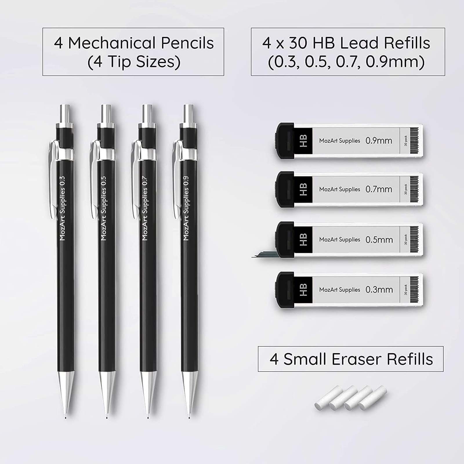 MozArt Supplies Druckbleistift 4er Set Skizzierstifte Schwarz Minen 0,3 – 0,9mm Bleistift, mit Radiergummis, Ersatzminen & Etui