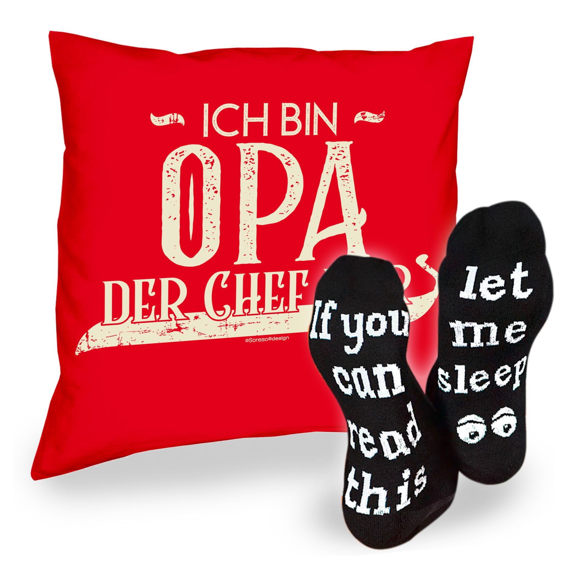 Soreso® Dekokissen Kissen Ich bin Sprüche Sleep, hier Opa Geburtstagsgeschenk Geschenk Chef der rot Socken &