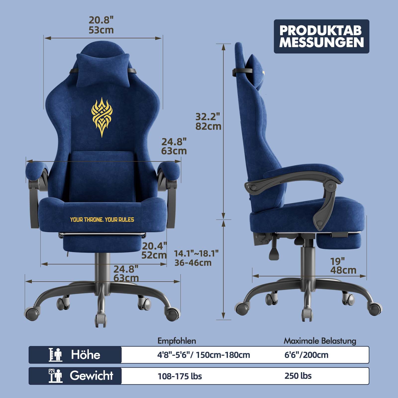Ferghana Gaming-Stuhl Gaming-Stuhl: Kopfstütze, Lendenkissen, Armlehnen, Fußstütze (Packung), Ergonomischer PC-Stuhl,Rückenlehne 90°-125°