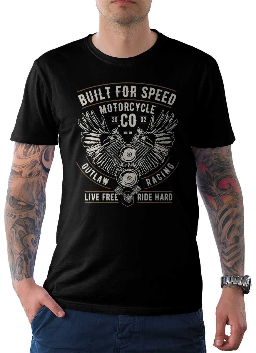 Rebel On Wheels T-Shirt Herren T-Shirt Tee Built For Speed mit Biker / Motorrad Motiv Schwarz
