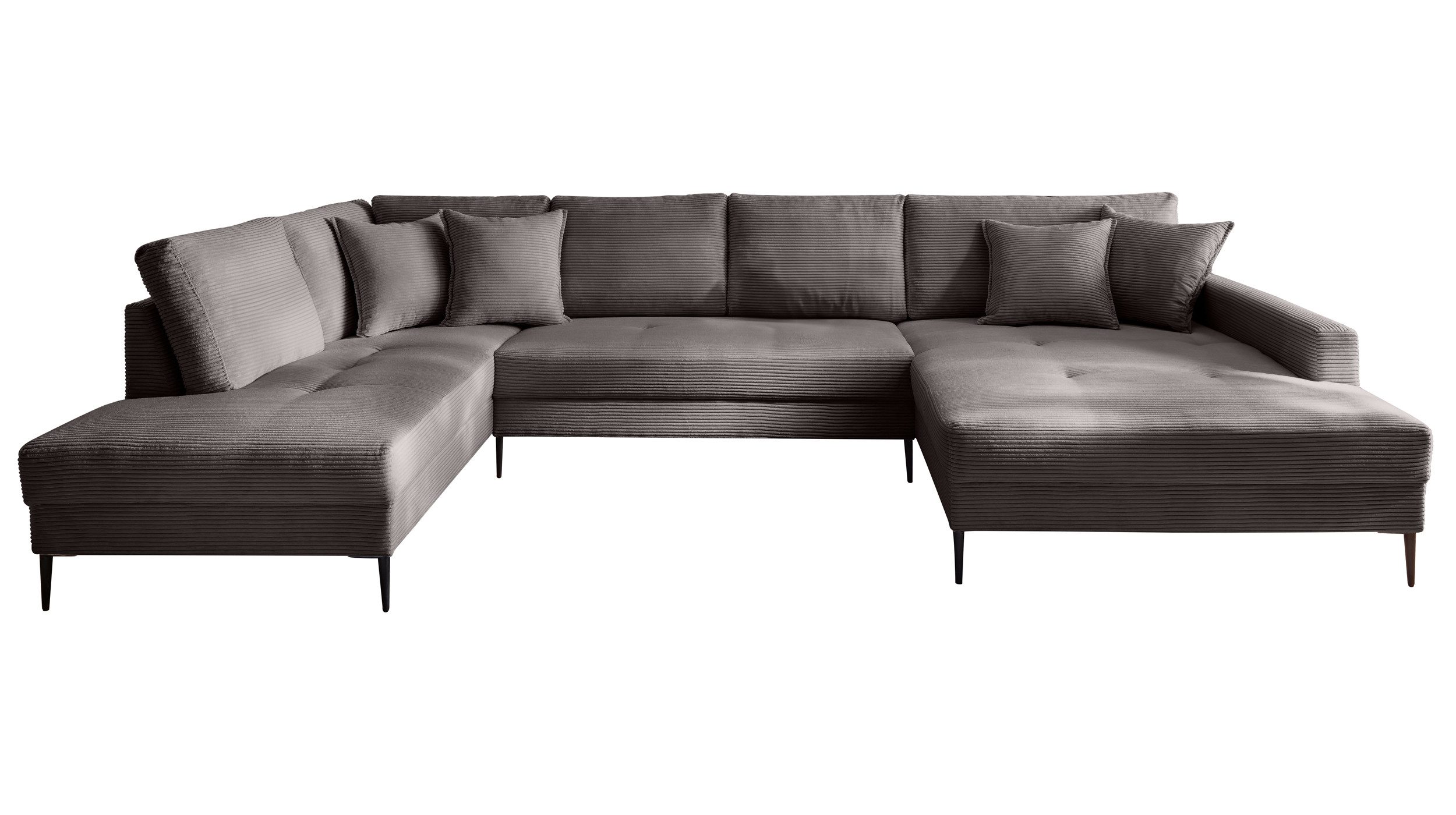 Massivart® Wohnlandschaft Cord 360 cm Breite / bequeme Nosagunterfederung / Cordsofa / SUMMER, frei im Raum stellbar · schwarze Metallbeine · inkl. Kissen