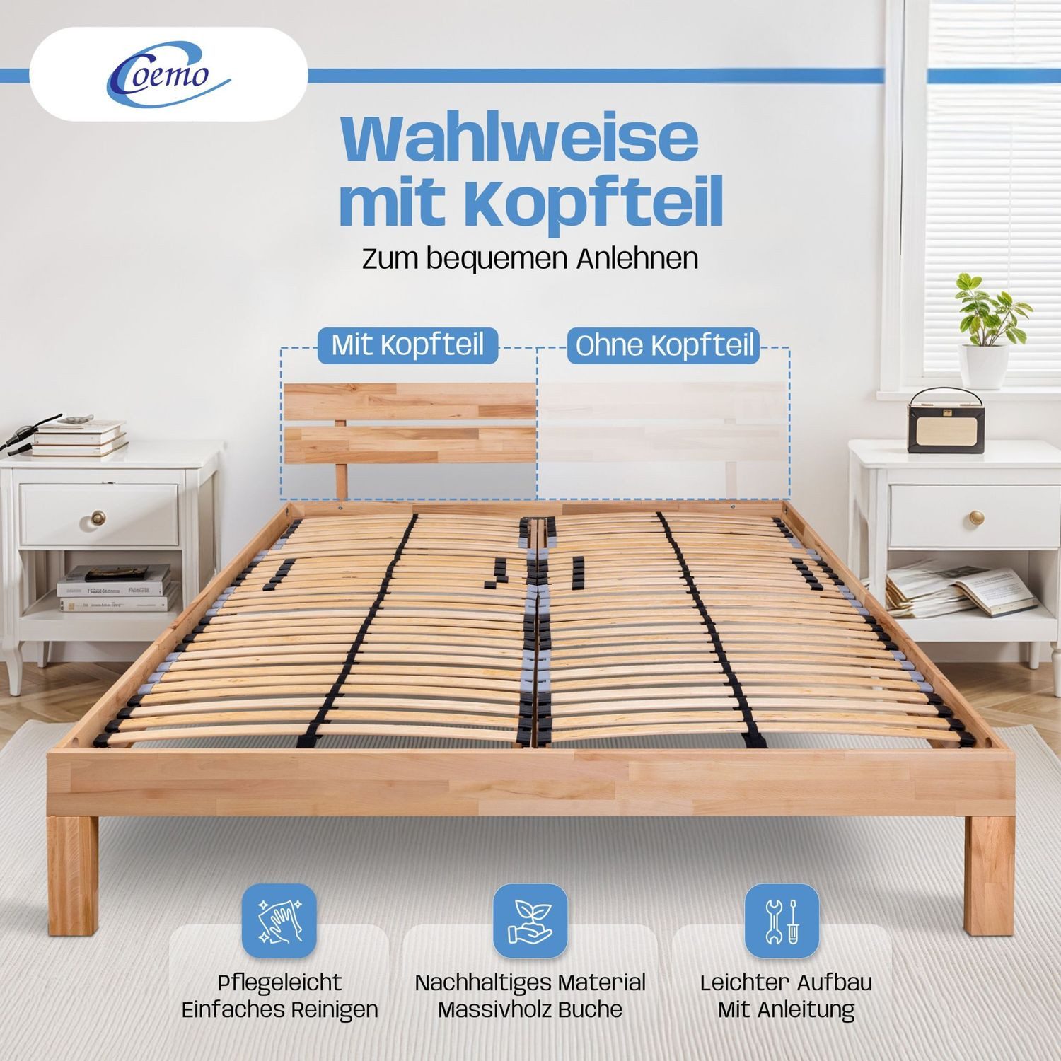 Coemo Bettgestell LEAH (1-tlg), Massivholzbett Buche hohe Belastbarkeit Bet günstig online kaufen