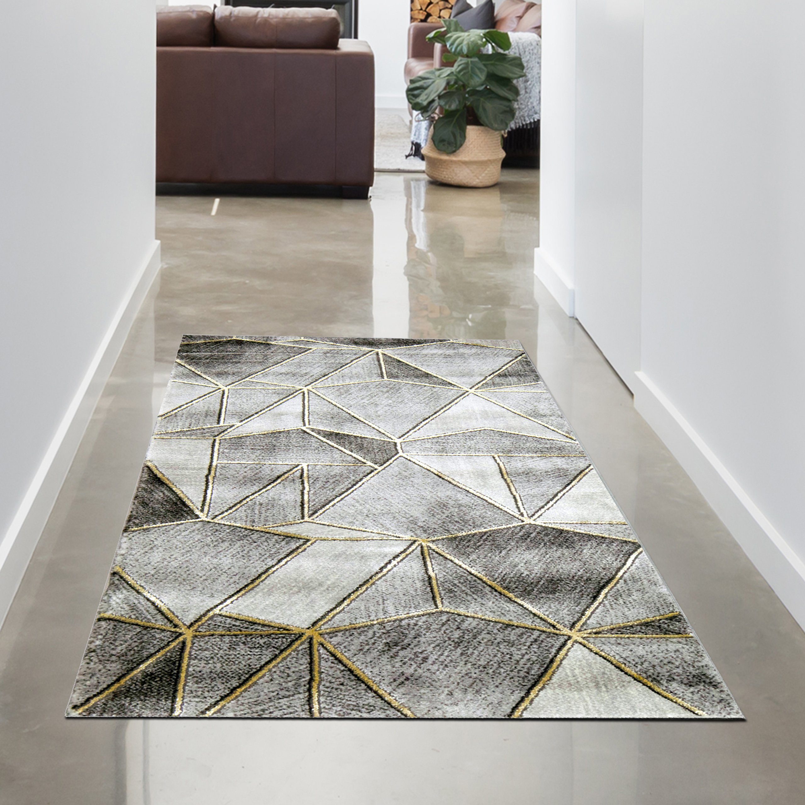 Carpetia Teppich Teppich Wohnzimmer Designerteppich geometrisches Muster grau gold, rechteckig, Höhe: 12 mm