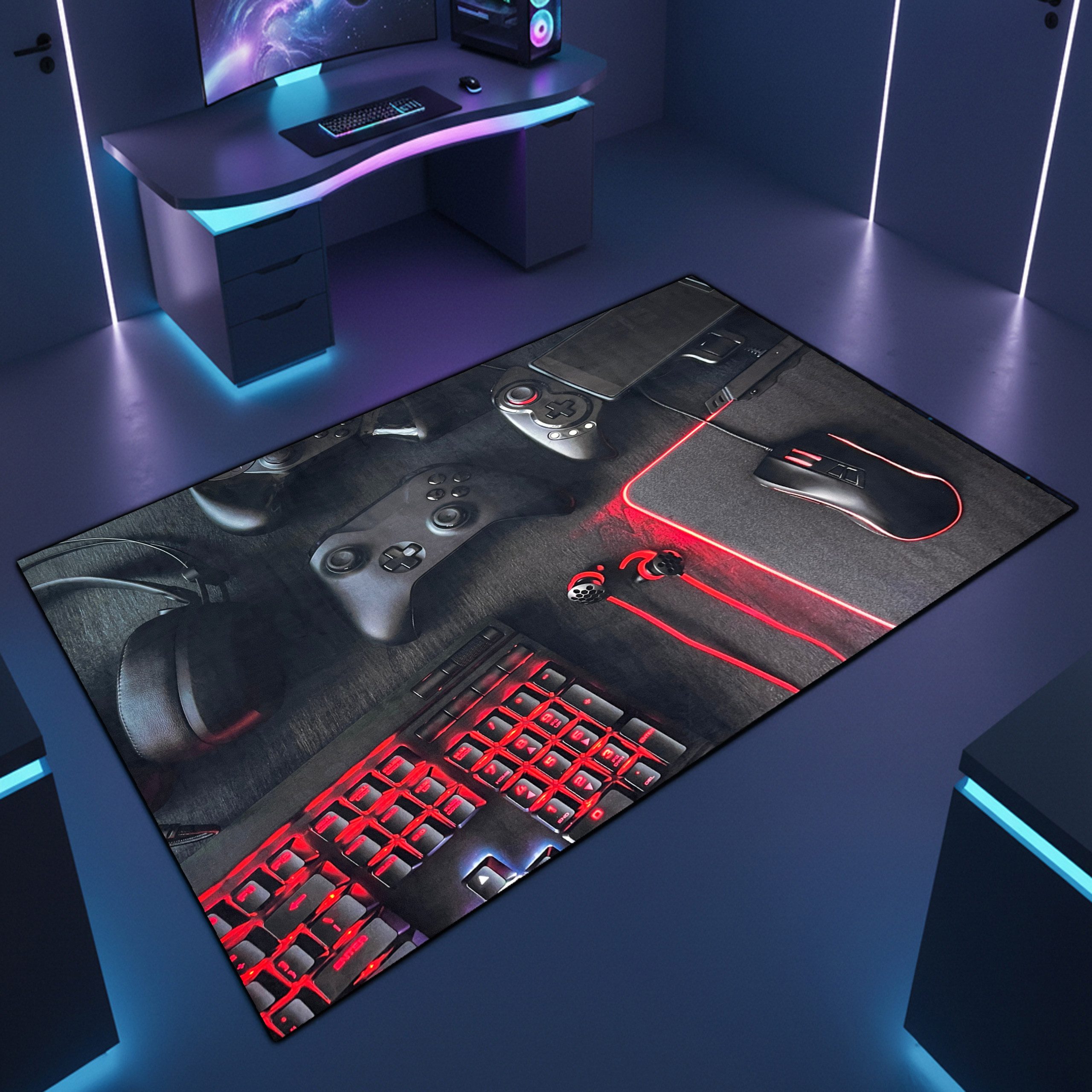 TeppichHome24 Teppich Gaming Teppich mit neonfarbigen Symbolen, rechteckig, pflegeleicht, gleichmäßige Oberfläche, für Fußbodenheizung geeignet