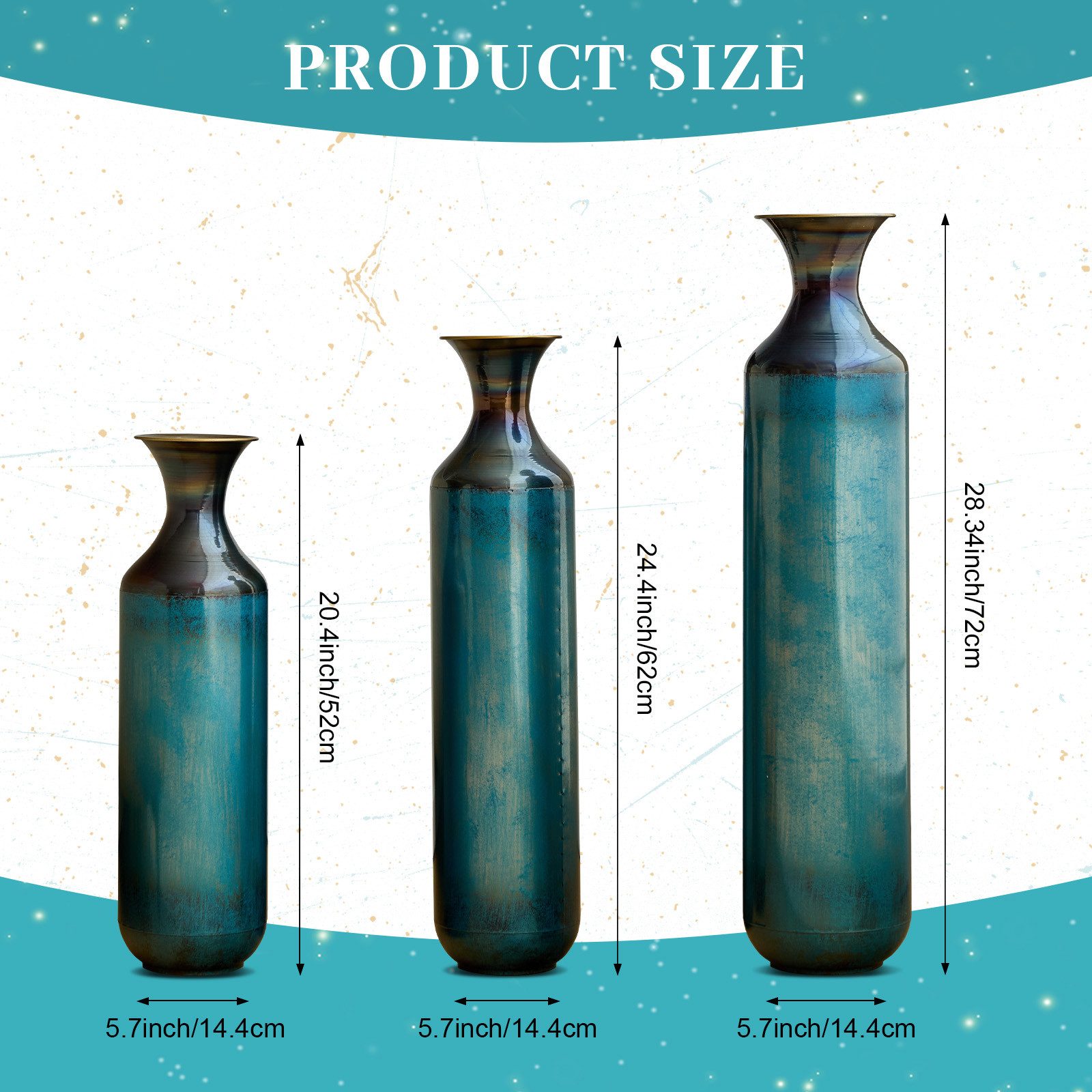 BlingBin Bodenvase 3er Set Handgefertigte Metallvase, Massivmetall Deko-Vase - 52/62/72cm (3er Set, 3 St., Groß: 14*14*72cm/Mittel: 14*14*62cm/Klein: 14*14*52cm), Handgebrannte Vintage-Optik für Wohnzimmer & Flur, Nicht Wasserdicht