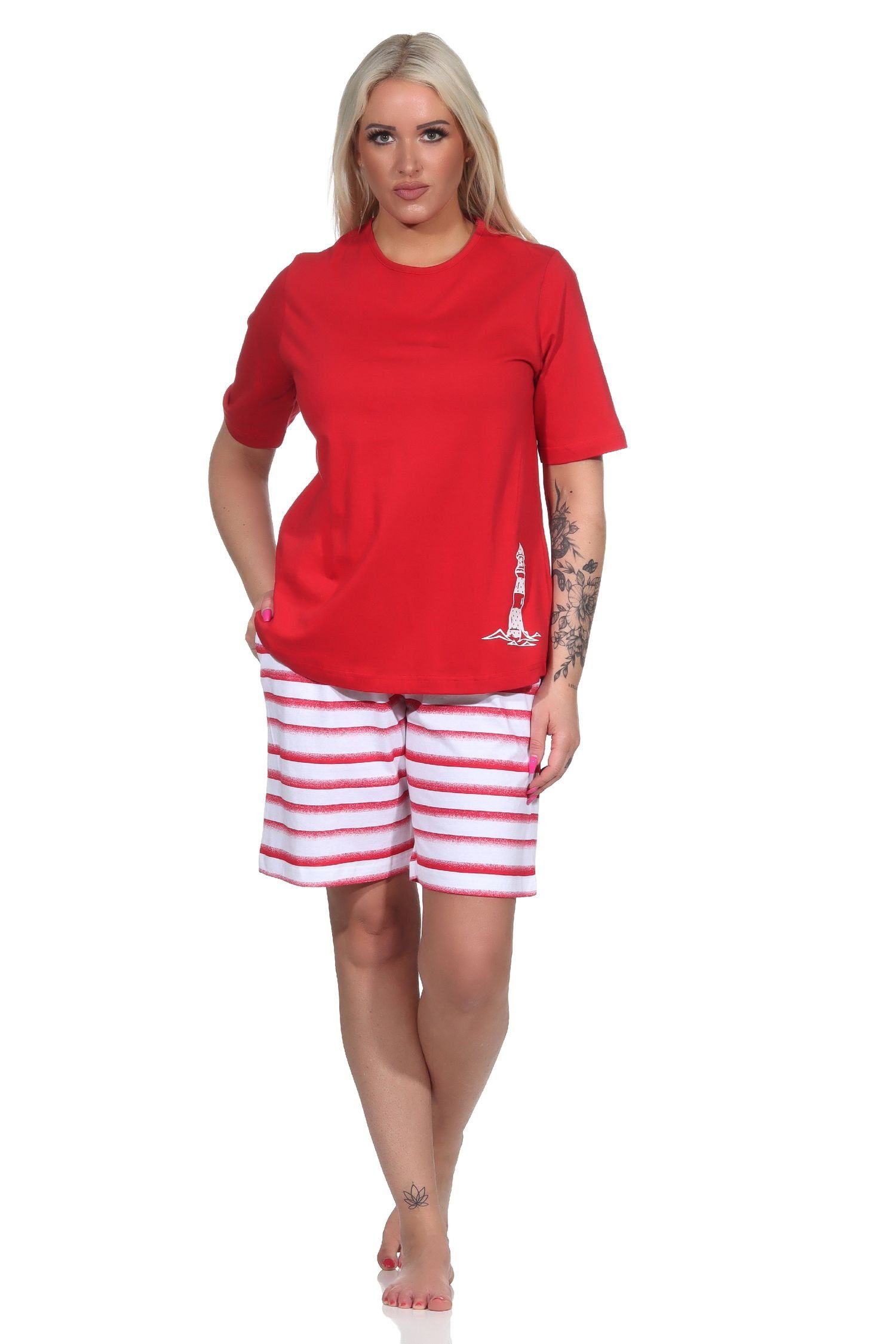 Normann Pyjama Maritimer Damen kurzarm Shorty Schlafanzug, Top mit Leuchturm Motiv rot