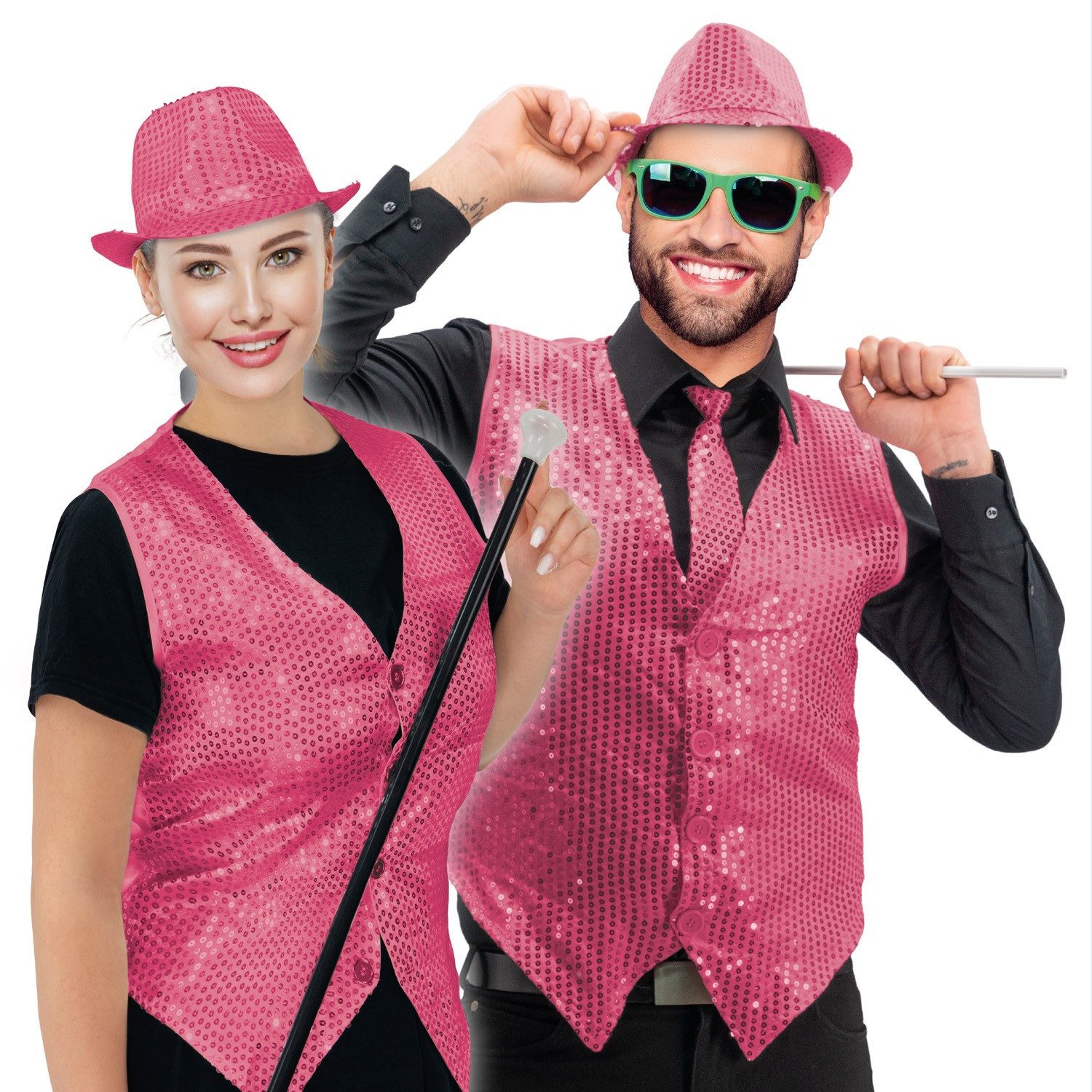 Party Factory Kostüm Pailletten Weste Pink L Unisex mit Knopfleiste, mit leuchtenden, reflektierenden Pailletten versehen