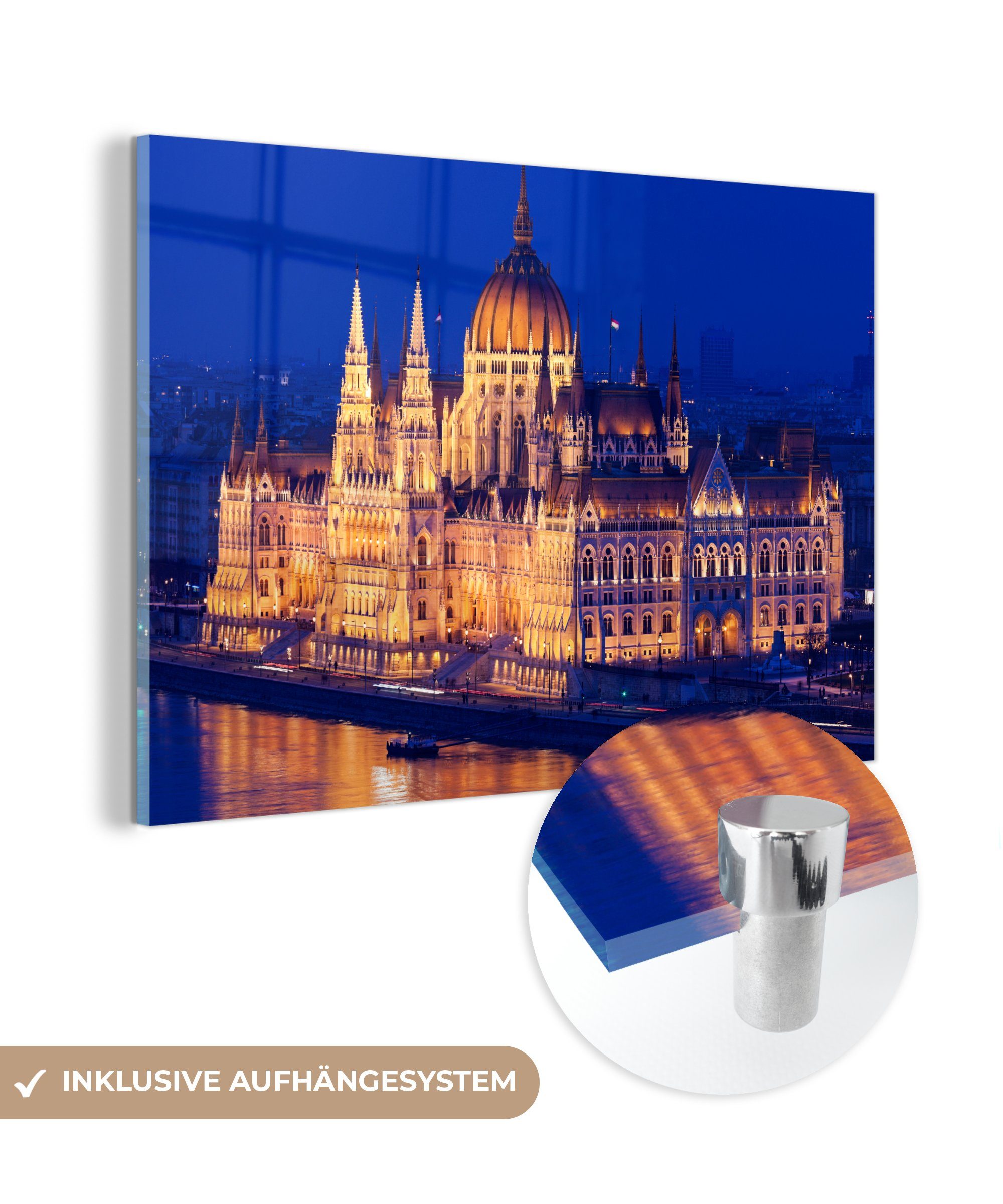 MuchoWow Acrylglasbild Panorama des beleuchteten ungarischen Parlamentsgebäudes, (1 St), Acrylglasbilder Wohnzimmer & Schlafzimmer