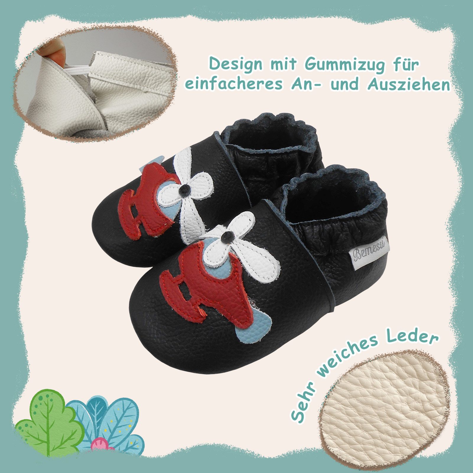 Bemesu Baby Hausschuhe Leder handgefertigt weiche Passform Krabbelschuh