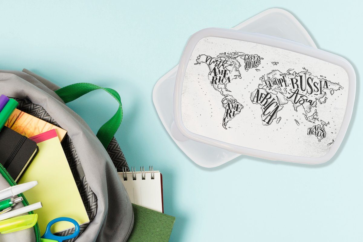 MuchoWow Lunchbox Weltkarte - Weiß und Brotdose, Schwarz, für Erwachsene, Kinder Mädchen Kunststoff, für und - (2-tlg), Brotbox Jungs