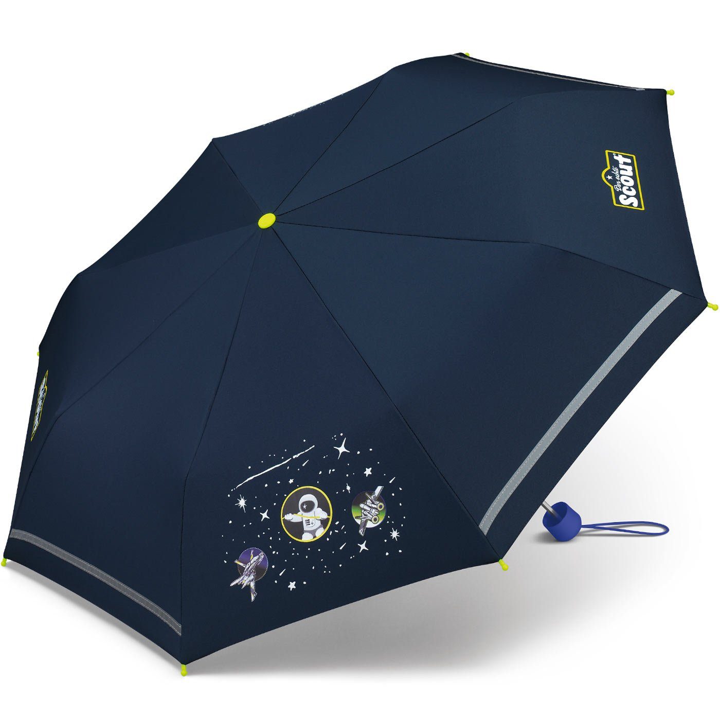 Scout Taschenregenschirm Space - Mini Kinderschirm, leicht, reflektierend  und bedruckt, Regenschirm für Kinder der Marke Scout, Typ Taschenschirm mit