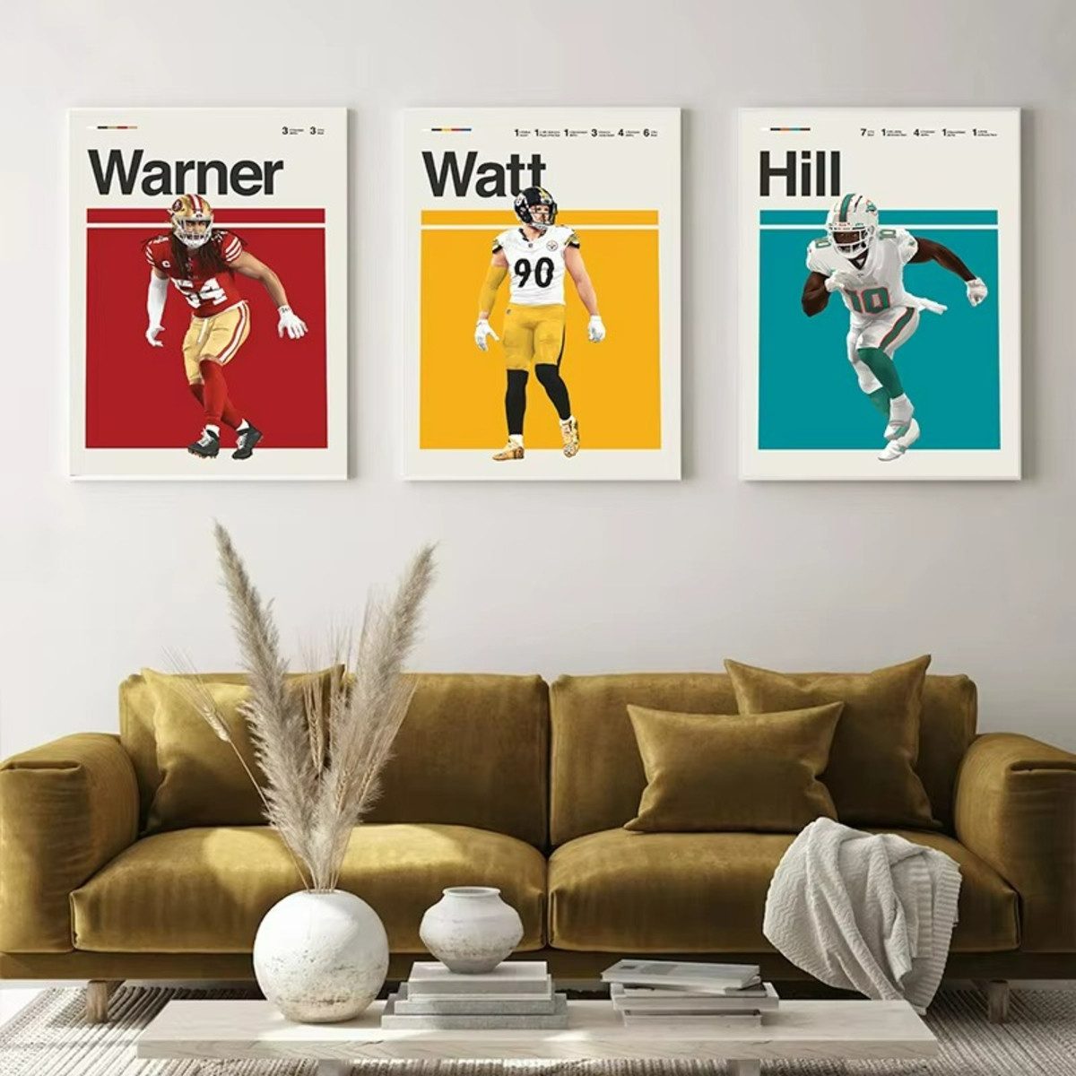 TPFLiving Kunstdruck (OHNE RAHMEN) Poster - Leinwand - Wandbild, Leinwandgemälde: Höhepunkte des amerikanischen Football-Stars (Leinwandbild XXL), Farben: Rot, Blau, Gelb, Schwarz, Weiß, Braun -Größe: 30x42cm