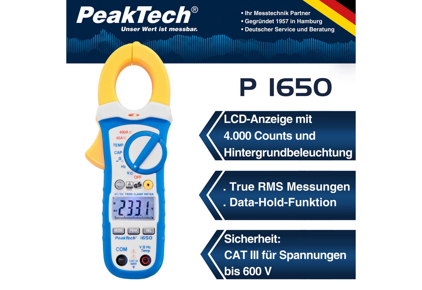 Thumbnail - PeakTech Strommessgerät PeakTech 1650: Stromzangenamperemeter ~ 400 A AC/DC mit TrueRMS & DMM, 1-tlg.
