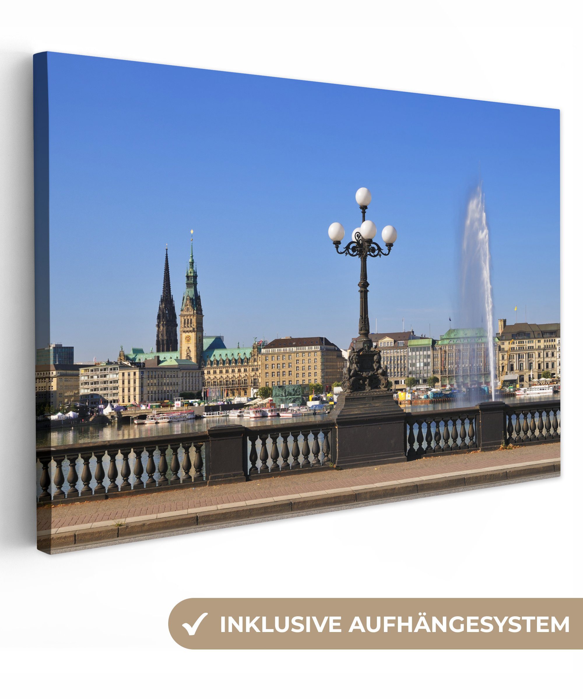 OneMillionCanvasses® Leinwandbild Rathaus - Hamburg - Springbrunnen, (1 St), Wandbild Leinwandbilder, Aufhängefertig, Wanddeko, 30x20 cm