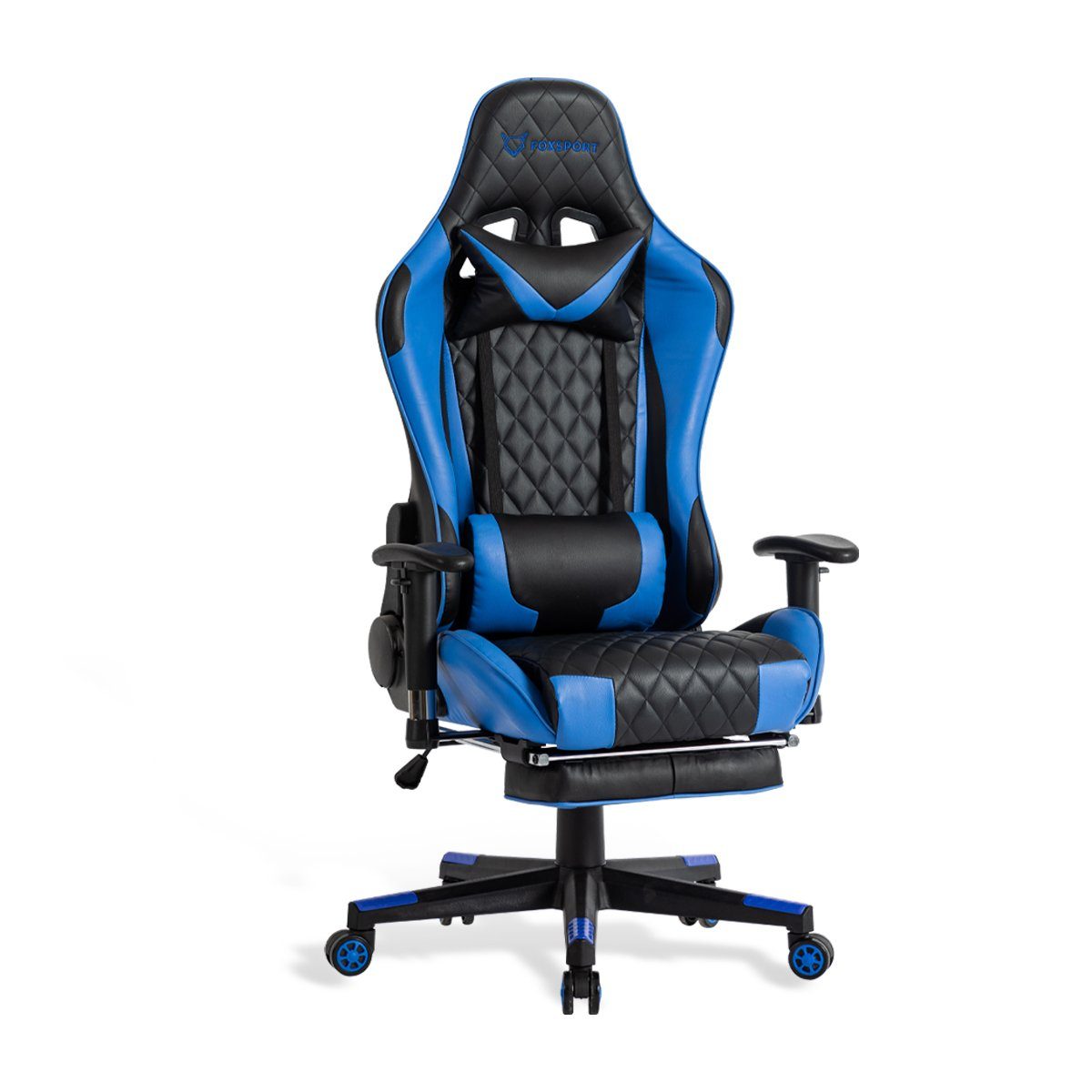 Mit Kopfstütze einer Lendenwirbelstütze, einziehbaren Gaming blau mit Seven und Gamingstuhl), mit Comfort Fußstütze Fußstütze Stuhl (Professioneller Gaming-Stuhl