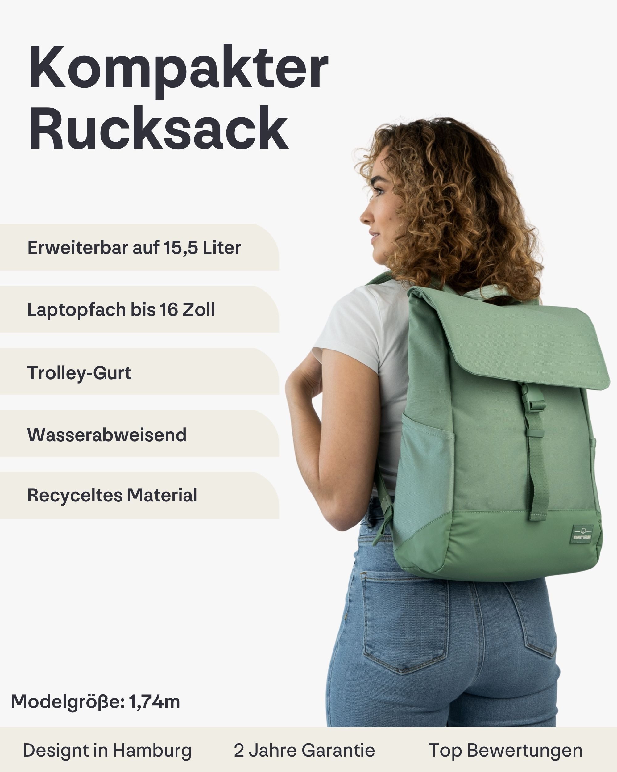 Johnny Urban Cityrucksack MIKA, Rolltop Damen Herren, Laptop Fach (1-tlg), Flexible Größe, Gepolstertes Laptopfach, Wasserabweisend