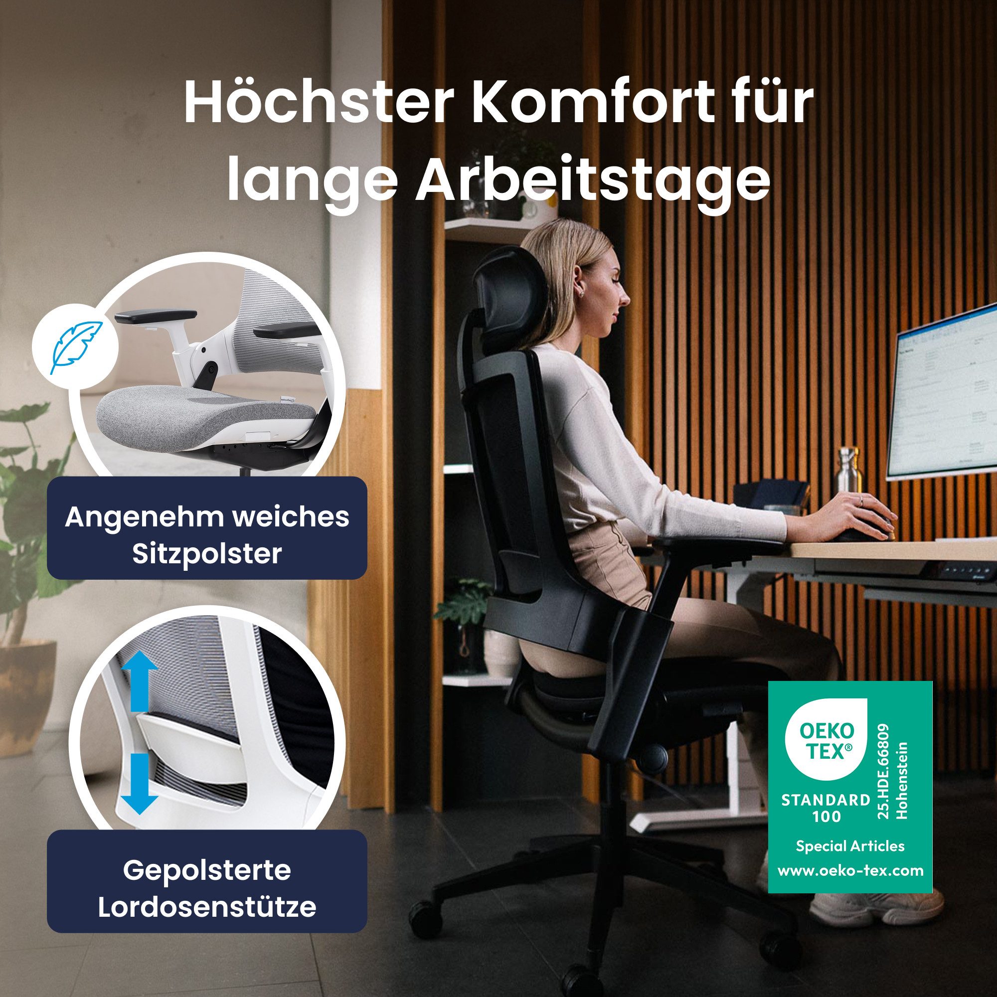 Ergotopia Bürostuhl ergonomischer Schreibtischstuhl NextBack, Drehstuhl mit 3D Armlehnen & verstellbarer Kopfstütze