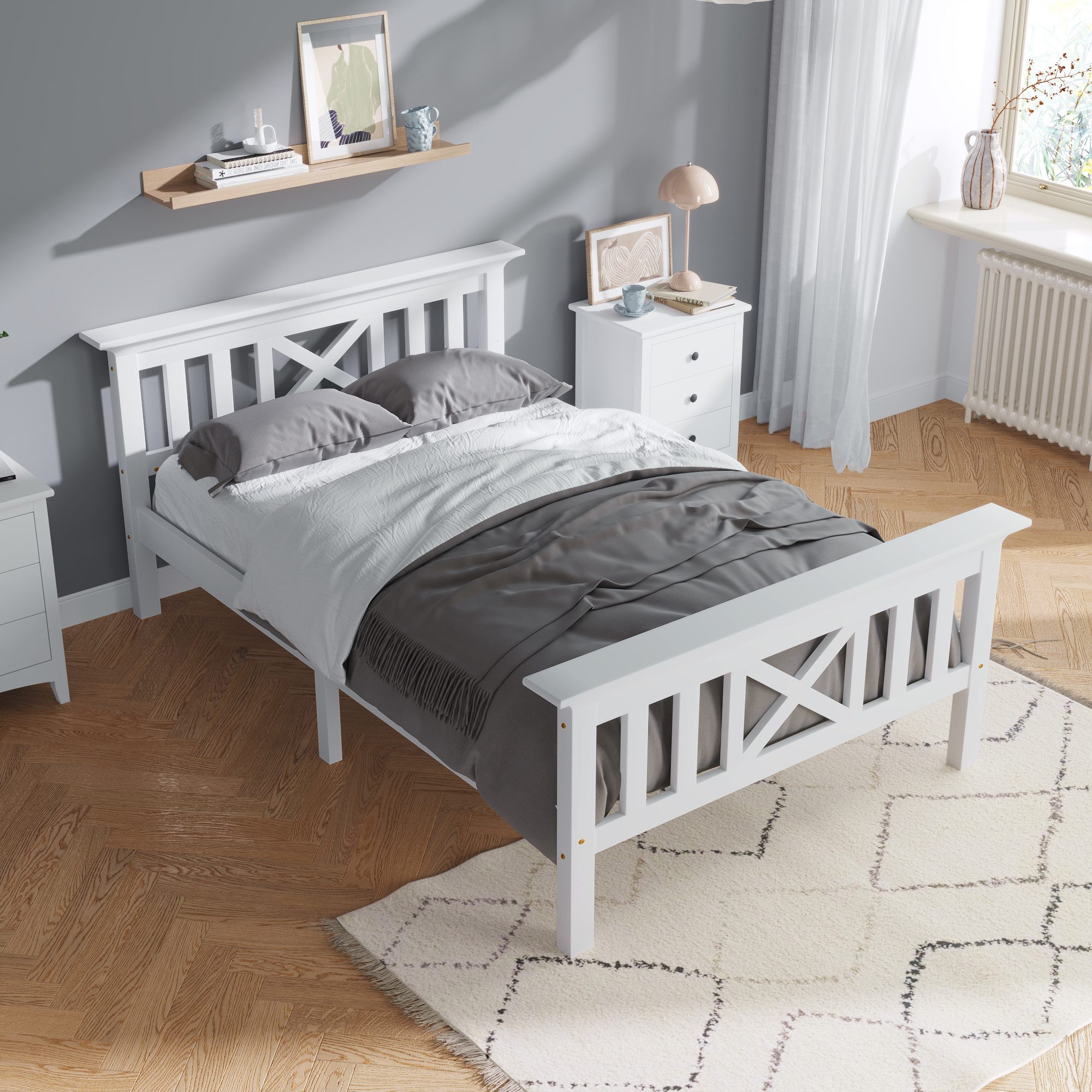 STILVORA Kinderbett 90×200 mit X-form-Kopfteil,Bettgestell Jugendbett mit Lattenrost (aus Bettgestell mit Lattenrost Holzbett mit Kopfteil), Seniorenbett in Komforthöhe mit viel Stauraum