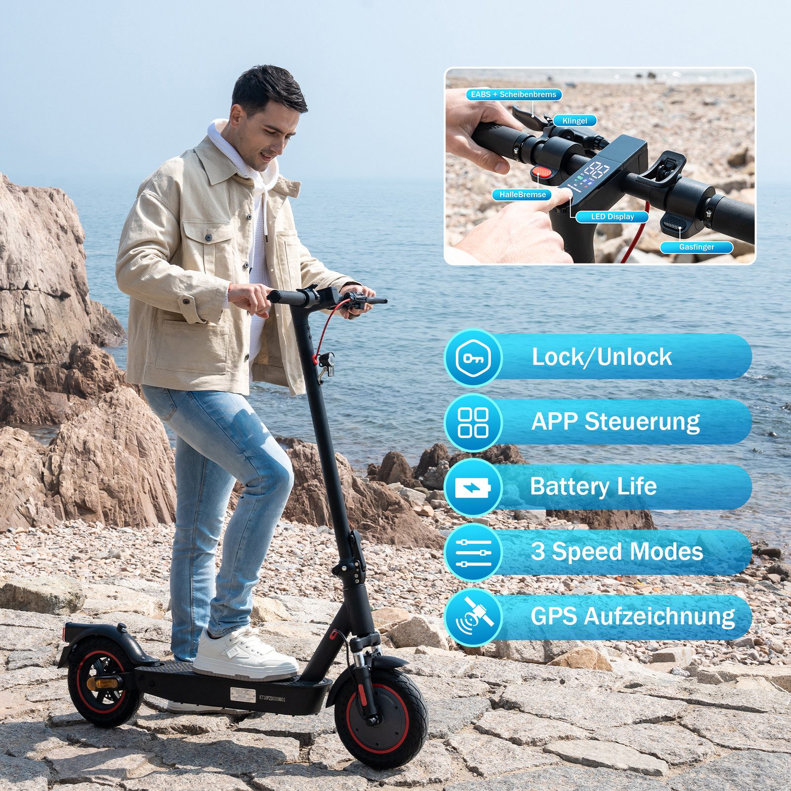 EVERCROSS TECH E-Scooter mit Straßenzulassung (ABE), 10 Zoll Elektroroller, 400W, Max 40KM, 20,00 km/h, mit APP, 10,4AH Akku, duales Bremssystem, Faltbar