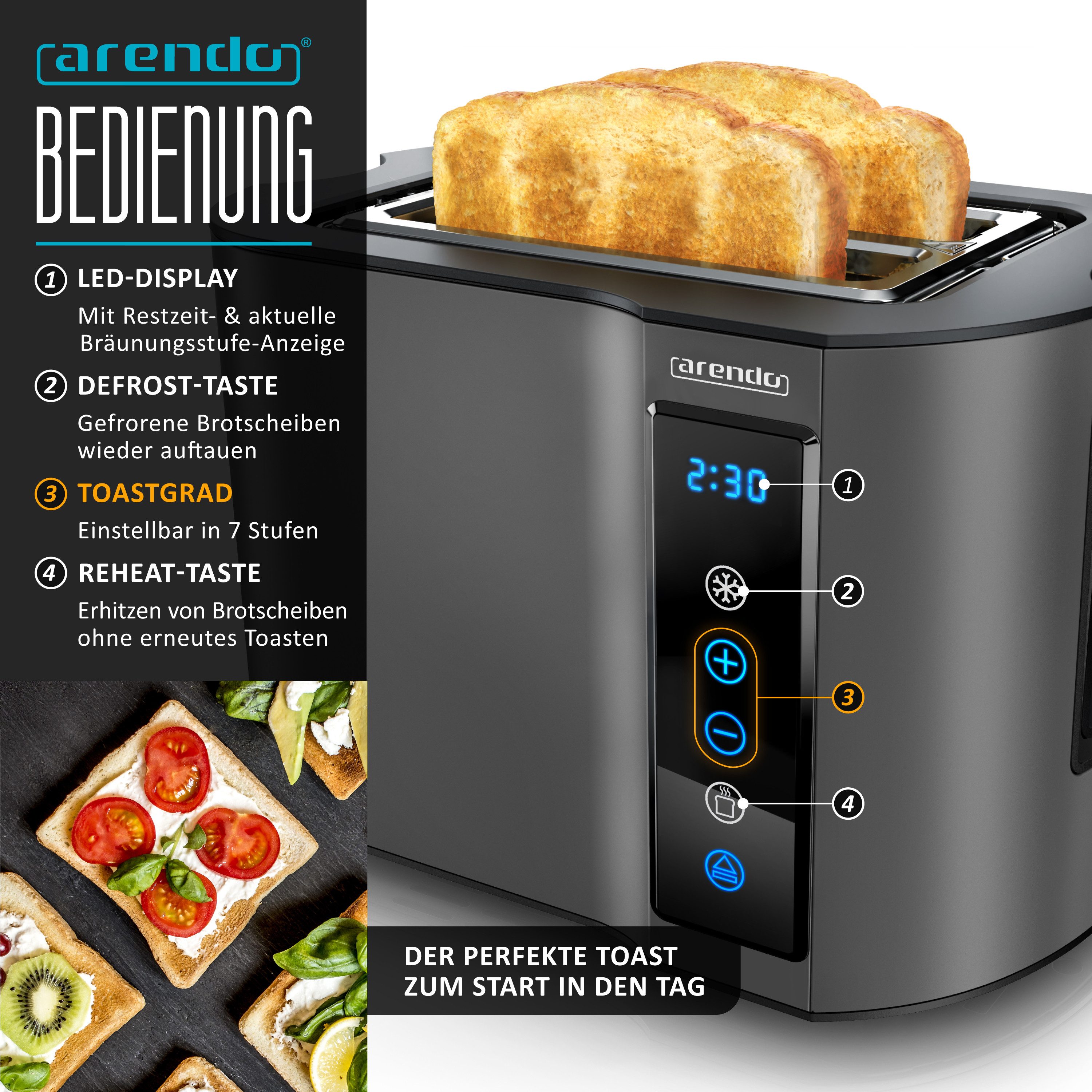 Arendo Frühstücks-Set Edelstahl Wasserkocher 1,5l, 2-Scheiben Kurzschlitz Toaster, Cool Grey (2-tlg), Wasserkocher mit Temperatureinstellung, Toaster Brötchenau – Bild 5 von 5