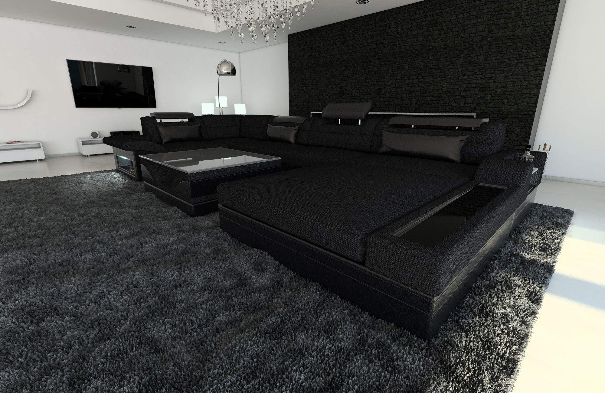 als Couch U mit H13 Stoffsofa, Designersofa Wohnlandschaft Mezzo Form Sofa Sofa Dreams Bettfunktion mit Polster wahlweise LED, Dunkelgrau-Schwarz Stoff Schlafsofa,