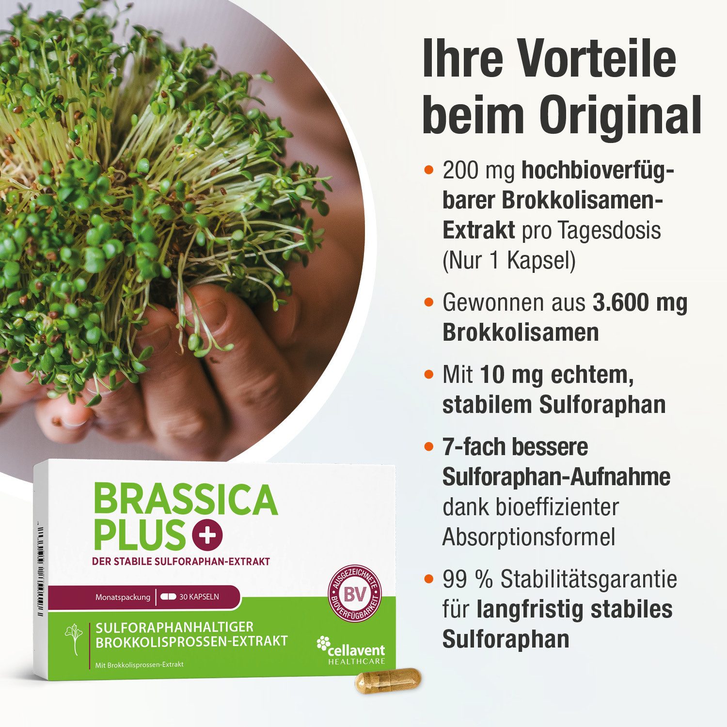 Cellavent Healthcare Effektive Brokkolisprossen Sulforaphan Kapseln - Brassica PLUS Kapseln