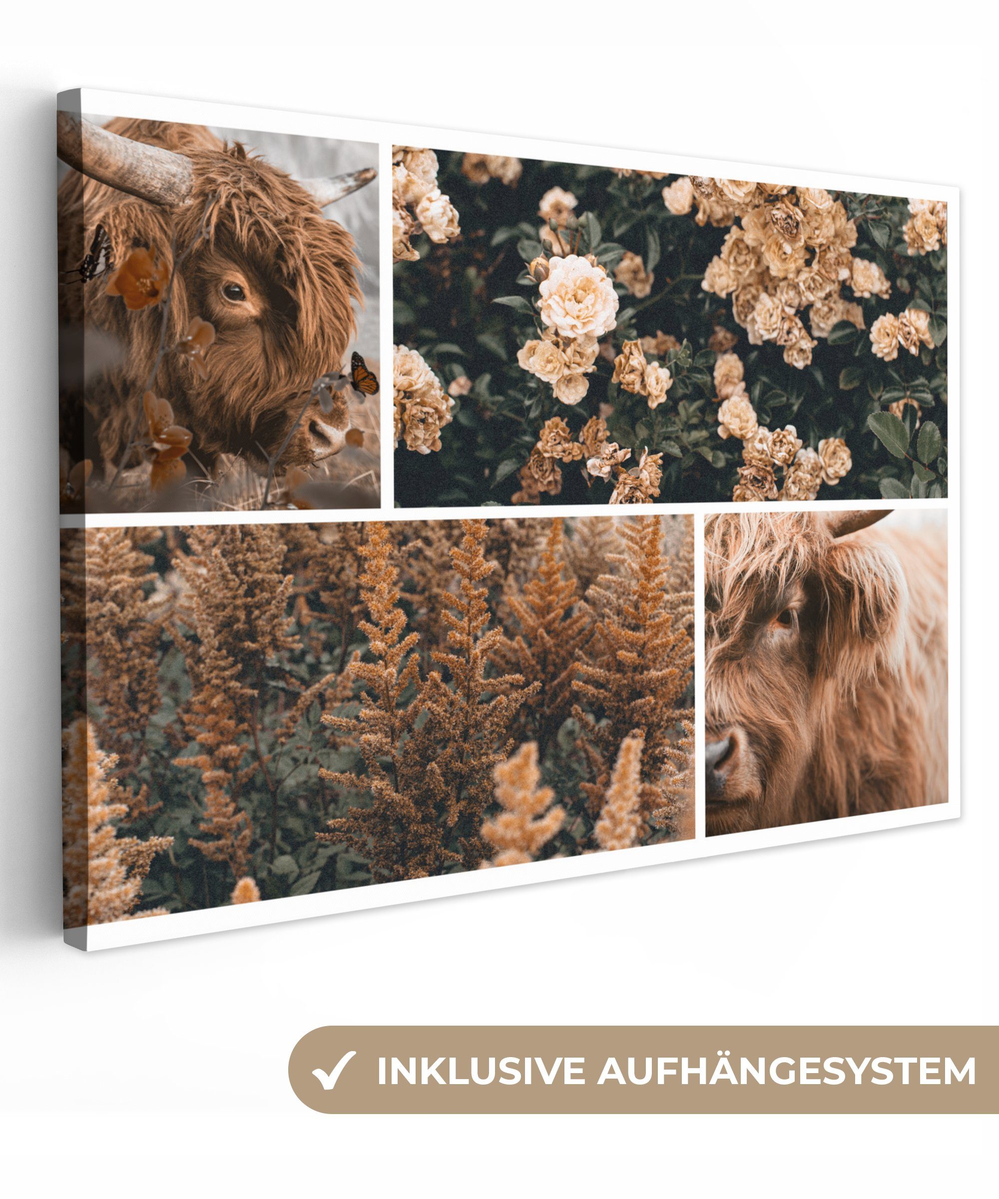 OneMillionCanvasses® Leinwandbild Scottish Highlander - Blumen - Pflanzen - Braun, (1 St), Wandbild Leinwandbilder, Aufhängefertig, Wanddeko, 30x20 cm