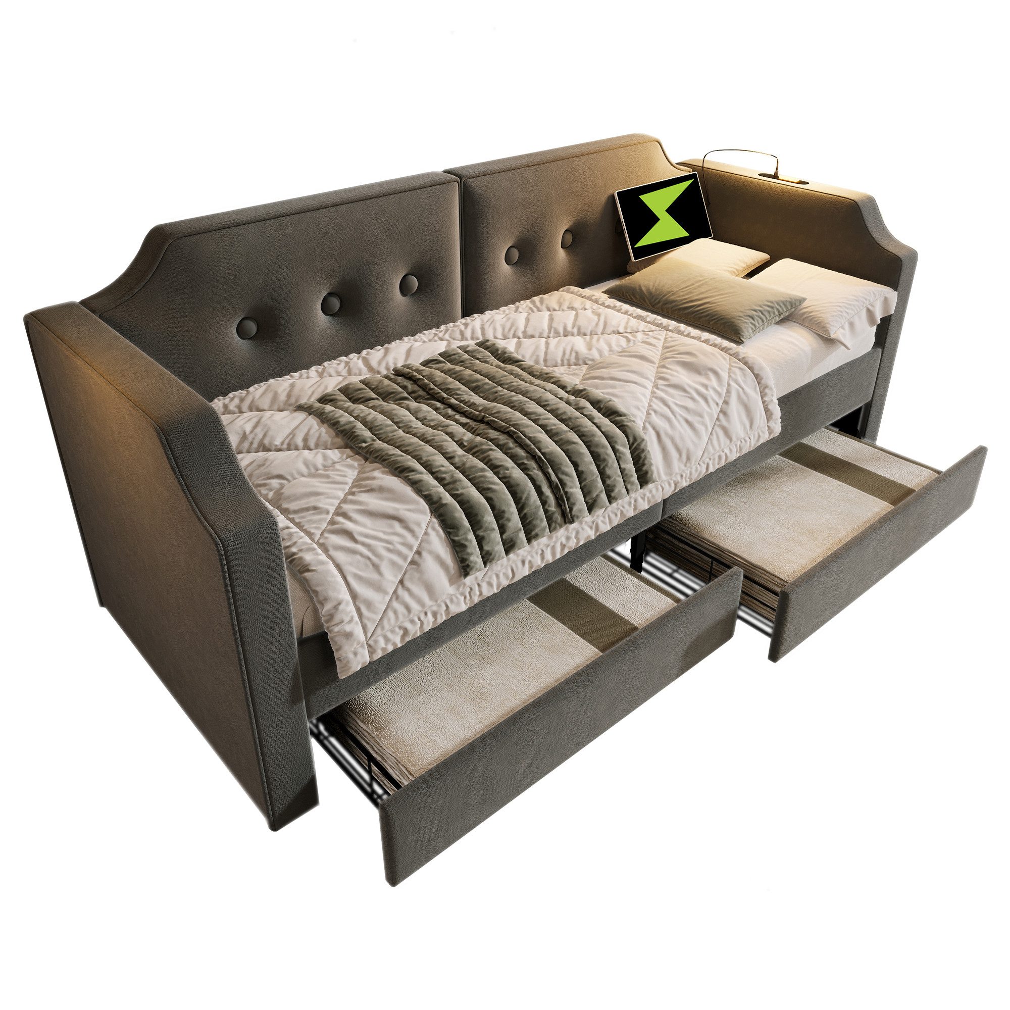 Flieks Daybett Polsterbett Schlafsofa 90x200cm 2 Schubladen Leselicht Ladefunktion