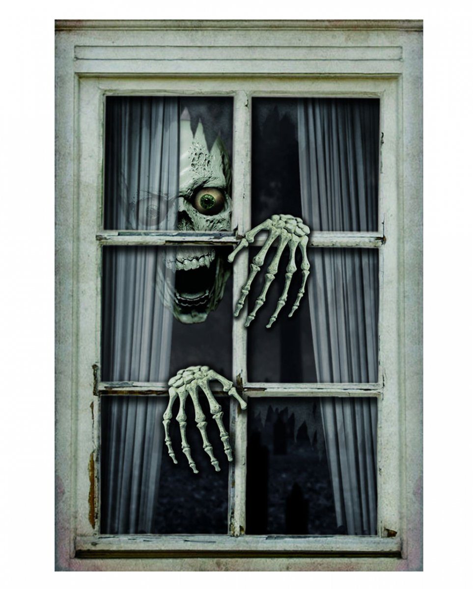 Horror-Shop Dekorationsfolie Unheimliche Totenkopf mit Händen als  Fensterdekora
