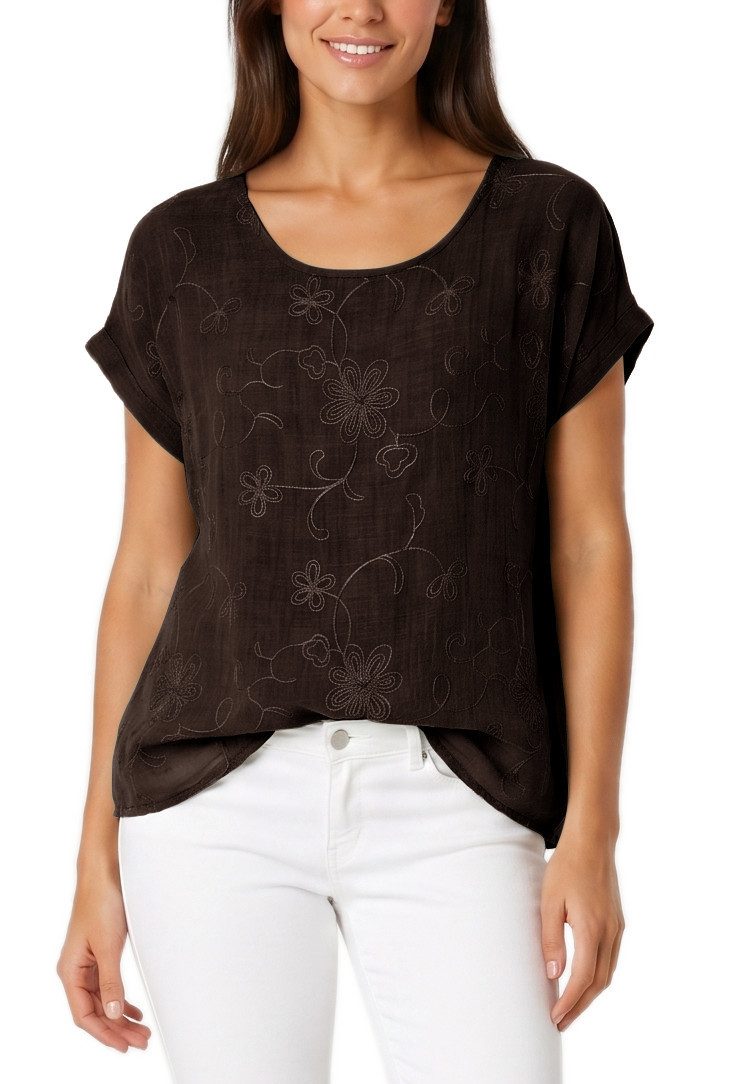 dy_mode Kurzarmbluse Kurzarm Bluse Elegantes Baumwollshirt Damen einfarbig Blusenshirt in Unifarben, Rundhalsausschnitt, mit Blumenstickerei