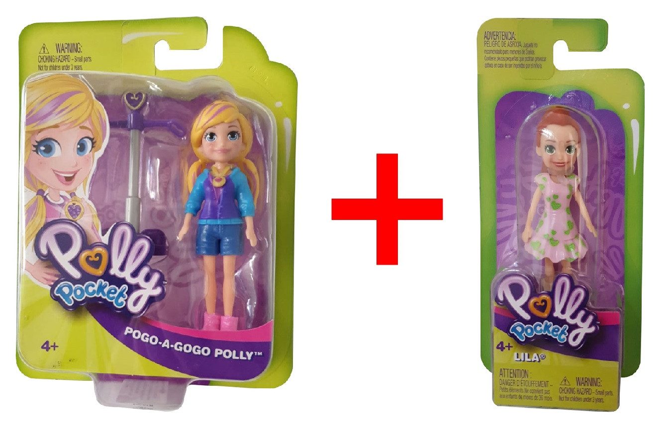 Polly Pocket Stehpuppe Polly Pocket Puppe POGO-A-GOGO mit Pogo-Jumper + Lila im rosa Kleid