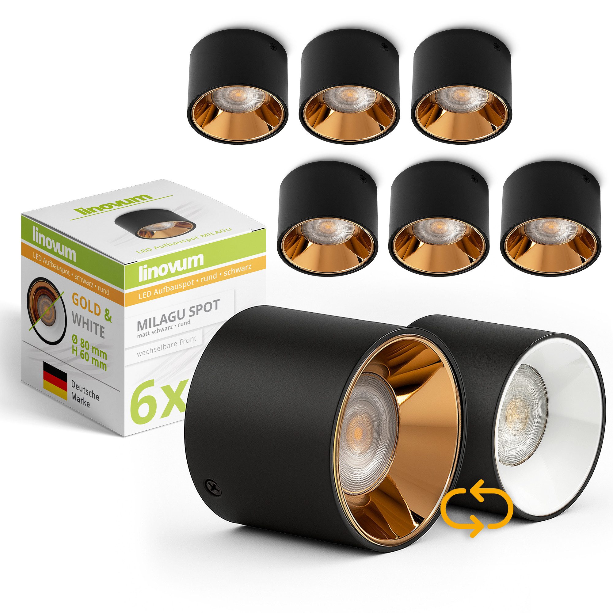 linovum LED Aufbaustrahler MILAGU LED Aufbauspot schwarz gold Aufbaustrahler flach warmweiß, Warmweiß