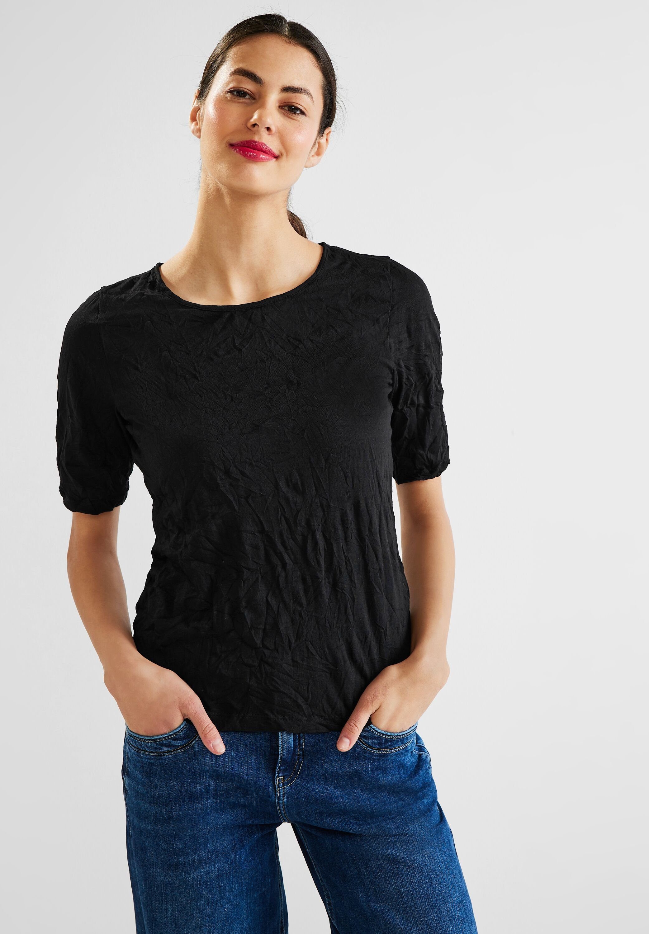 Materialmix Rundhalsshirt aus STREET Black ONE softem