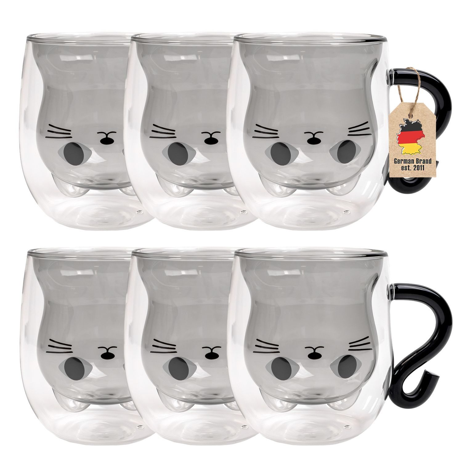 Intirilife Gläser-Set, 6-tlg., Glas, Thermo Glas Doppelwandig 200ml Kaffeetasse Teetasse Katzendesign 6-tlg
