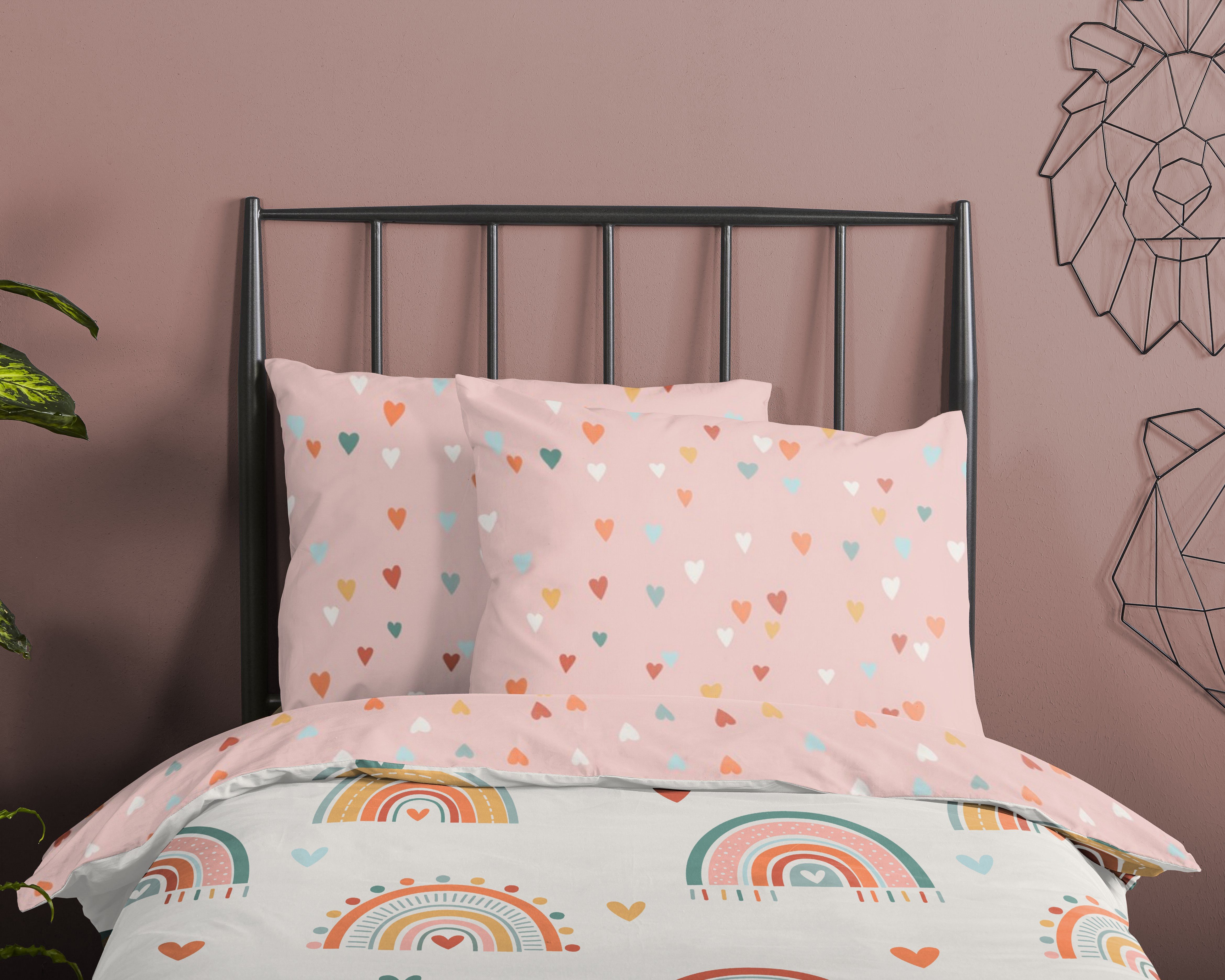 good morning Babybettwäsche Louie, Renforcé, 2 teilig, Baumwolle, Renforcé, Wendeoptik, Baby, Kind, Mädchen, Regenbogen, Rosa – Bild 3 von 4