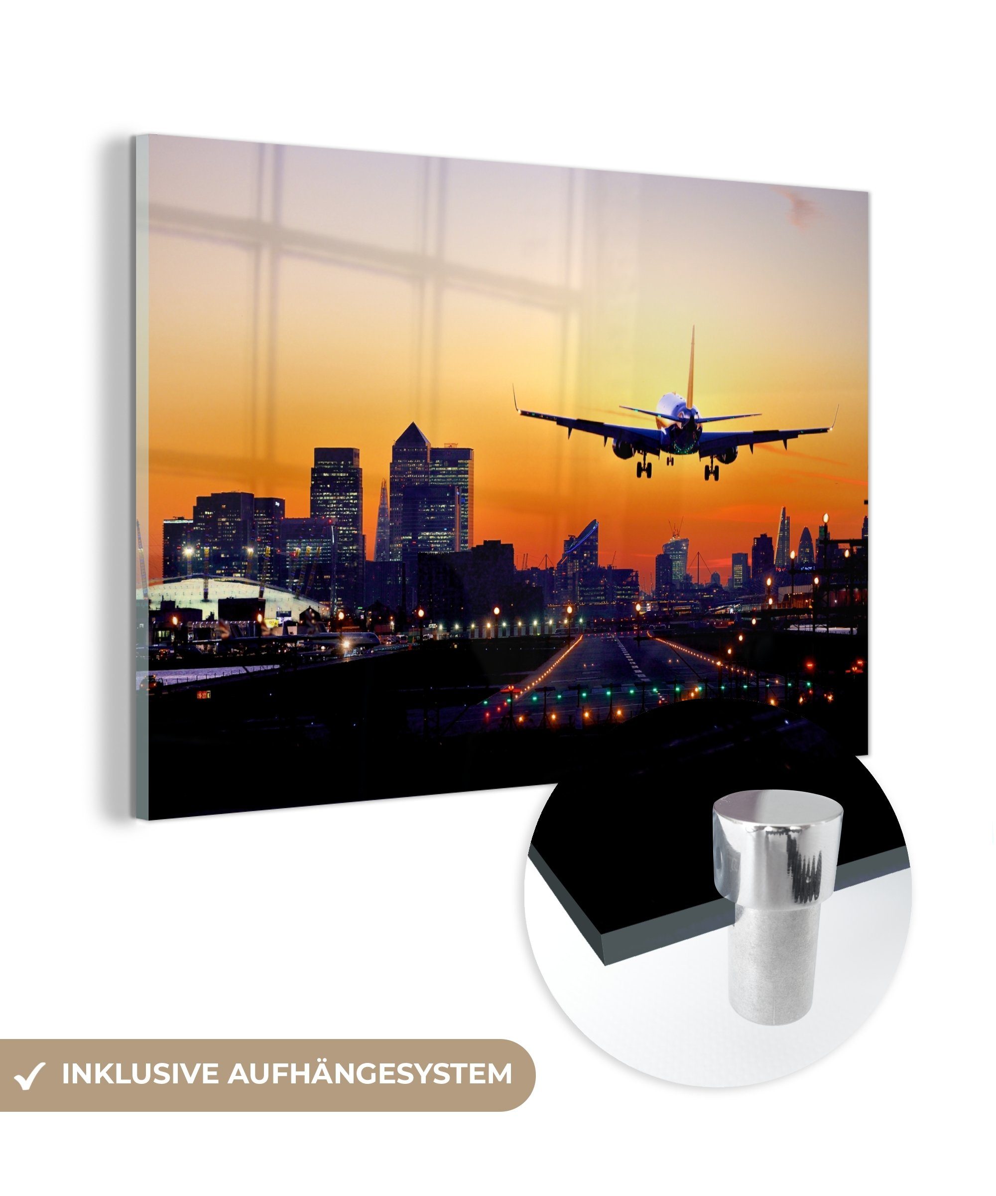 MuchoWow Acrylglasbild Flugzeug landet in London, (1 St), Acrylglasbilder Wohnzimmer & Schlafzimmer | Bilder