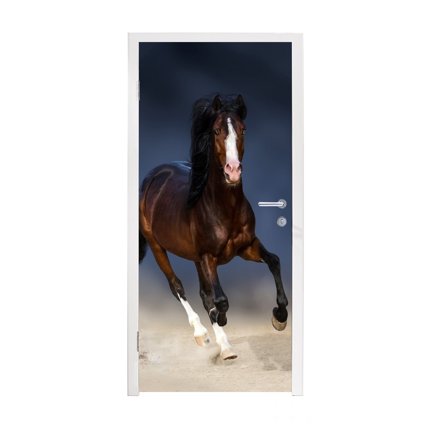 MuchoWow Türtapete Pferde - Tiere - Sand, Matt, bedruckt, (1 St), Selbstklebende Tapete, Folie für Möbel, 75x205 cm