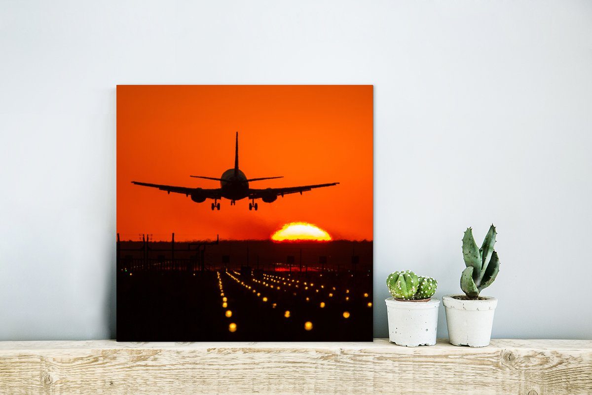 MuchoWow Metallbild Sonnenuntergang - Orange Metall, deko Sonne, - (1 Alu-Dibond-Druck, Aluminium aus - Gemälde St), Flugzeug