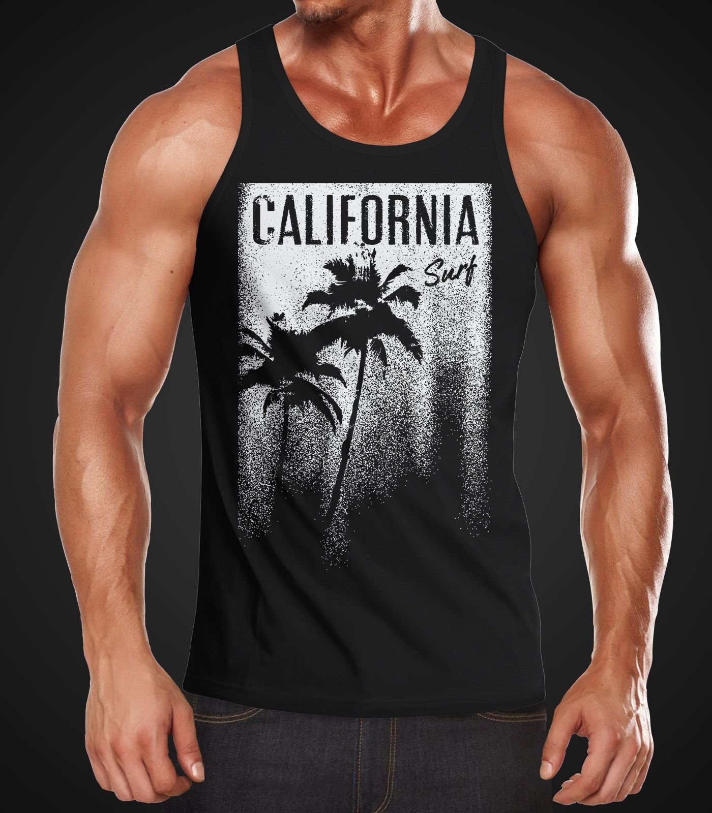 Neverless Tanktop Cooles Herren Tank-Top Surf Neverless® schwarz California mit Palmen Print
