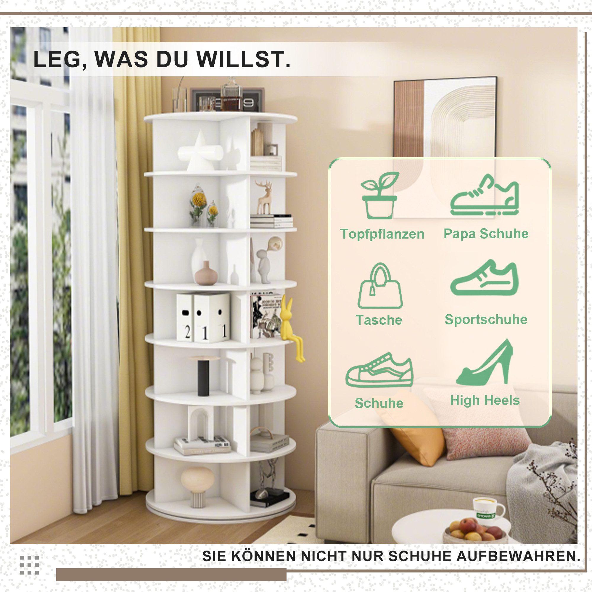 MC Star Schuhregal Drehbares mit 360° Drehfunktion, Freistehendes Schuhregal für 28 Paar Schuhe, Platzsparend, weiß (60 × 60 × 161cm), 7 Ebenen – Bild 5 von 5