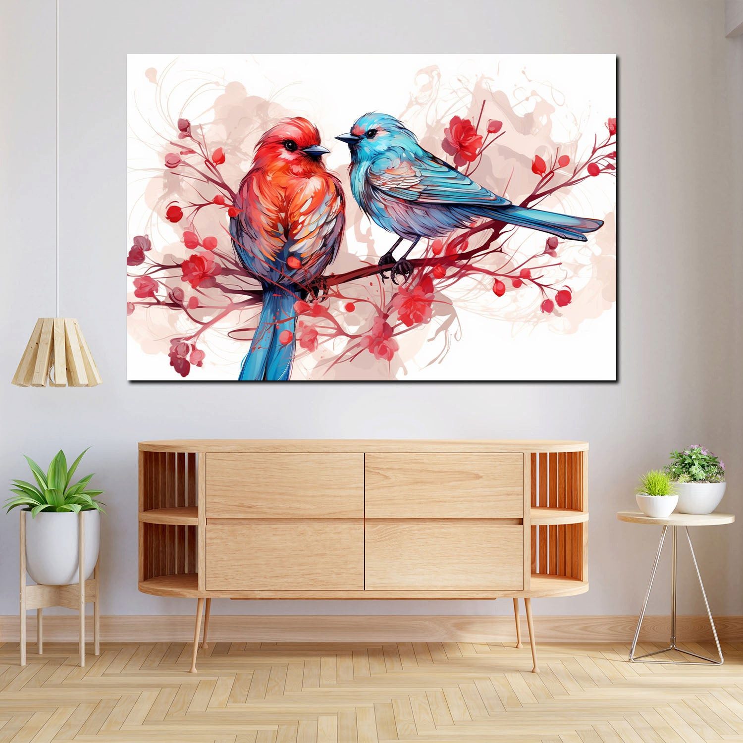 Artedinoi Leinwandbild Zwei Vögel auf Ast rot blau Aquarell Leinwandbild Kunstdruck XL Deko, Vögel auf Ast
