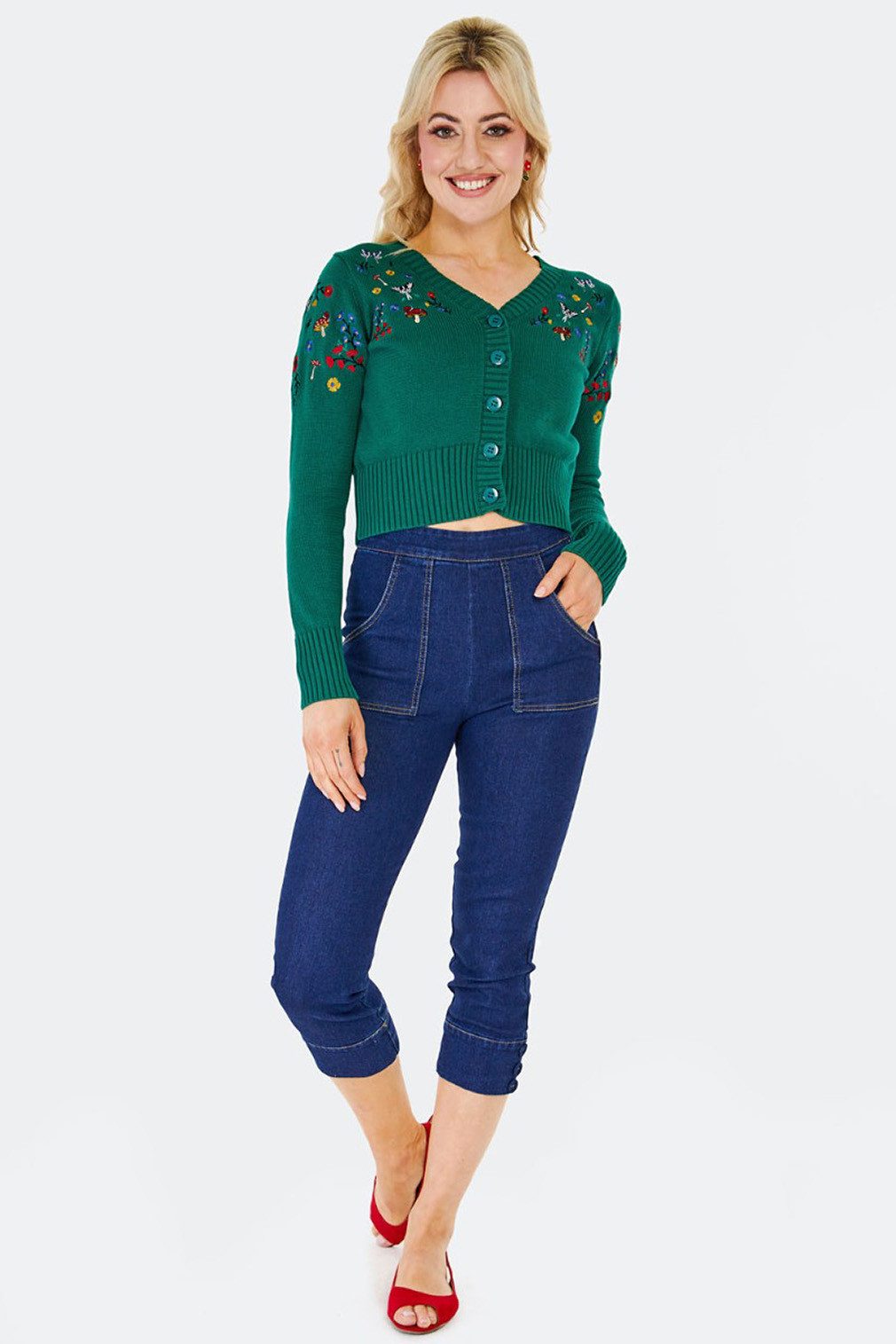 Voodoo Vixen Strickjacke Woodland Embroidery Cropped Cardigan Grün Retro Vintage