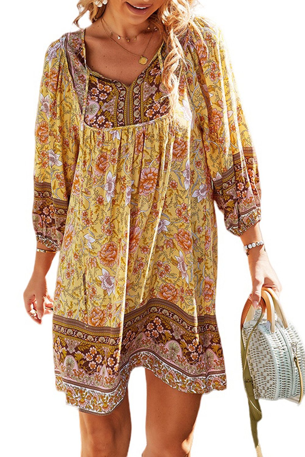 Orient Phoenix Strandkleid Damen Boho-Kleid mit Krawattenhals, Vintage-Minileid, 7/8 Ärmel Sommer Ethno-Stil lässiges bedruckt kurzes Strandkleid