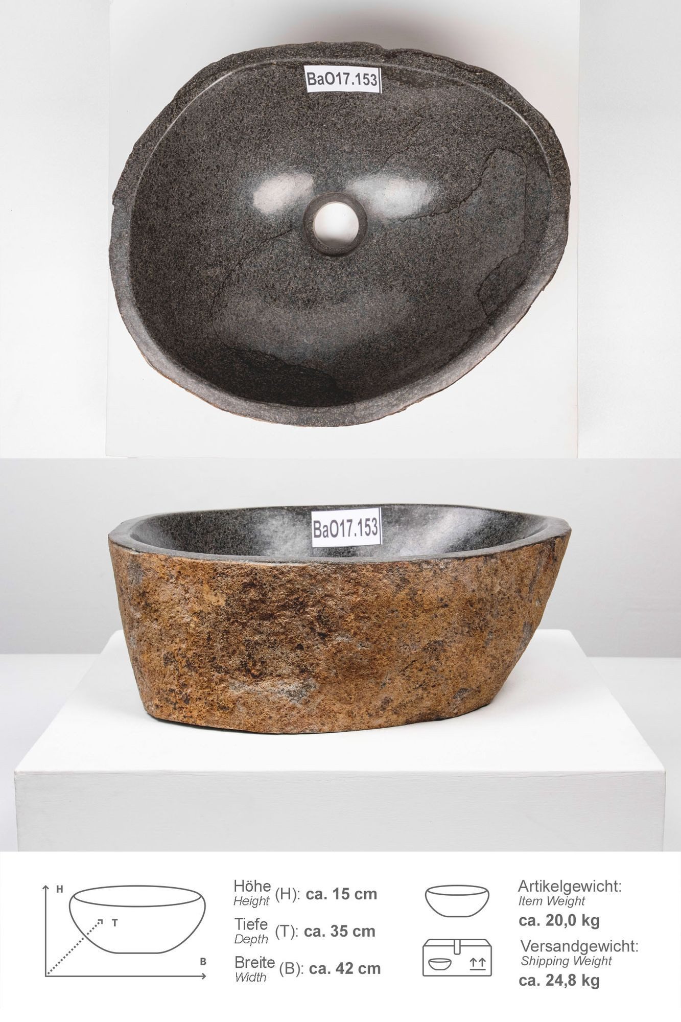 wohnfreuden Aufsatzwaschbecken Naturstein Waschbecken 40 cm oval (Kein Set), 101726_BaO17.153