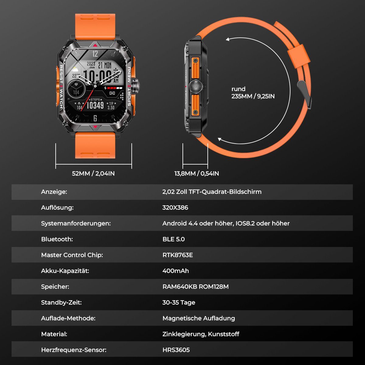 7Magic Smartwatch Smartwatch Orange 2,02” (2.02 Wasserdicht Zoll), Tracker, Schlafmonito Fitness Herren Sportuhr IP68 mit Outdoor Touchscreen Telefonfunktion Damen